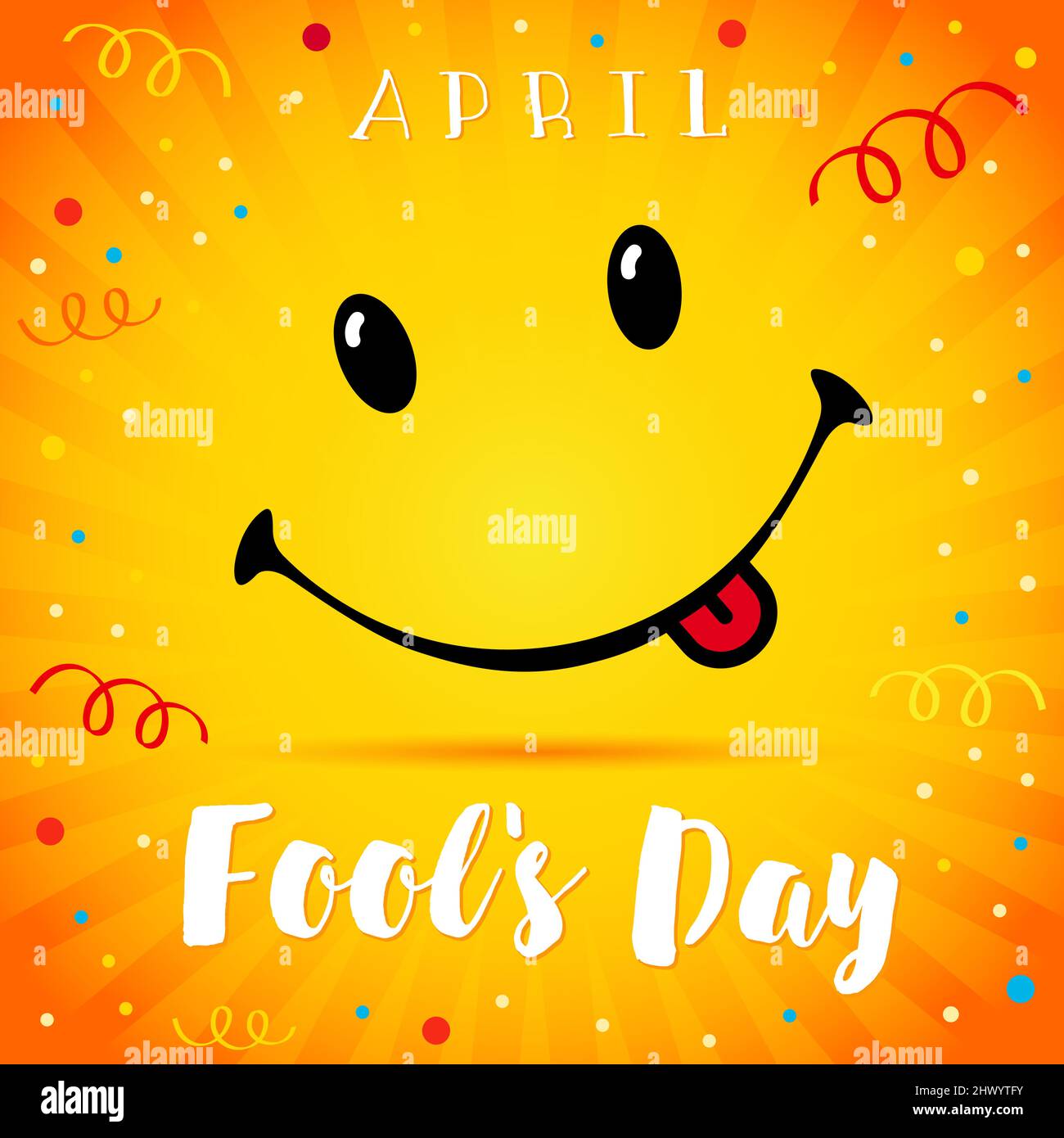 Buon aprile Fool's Day congrats. Biglietto d'auguri giallo sorridente con testo. Modello grafico astratto isolato. Carino concetto di biglietto d'auguri. Callig Illustrazione Vettoriale