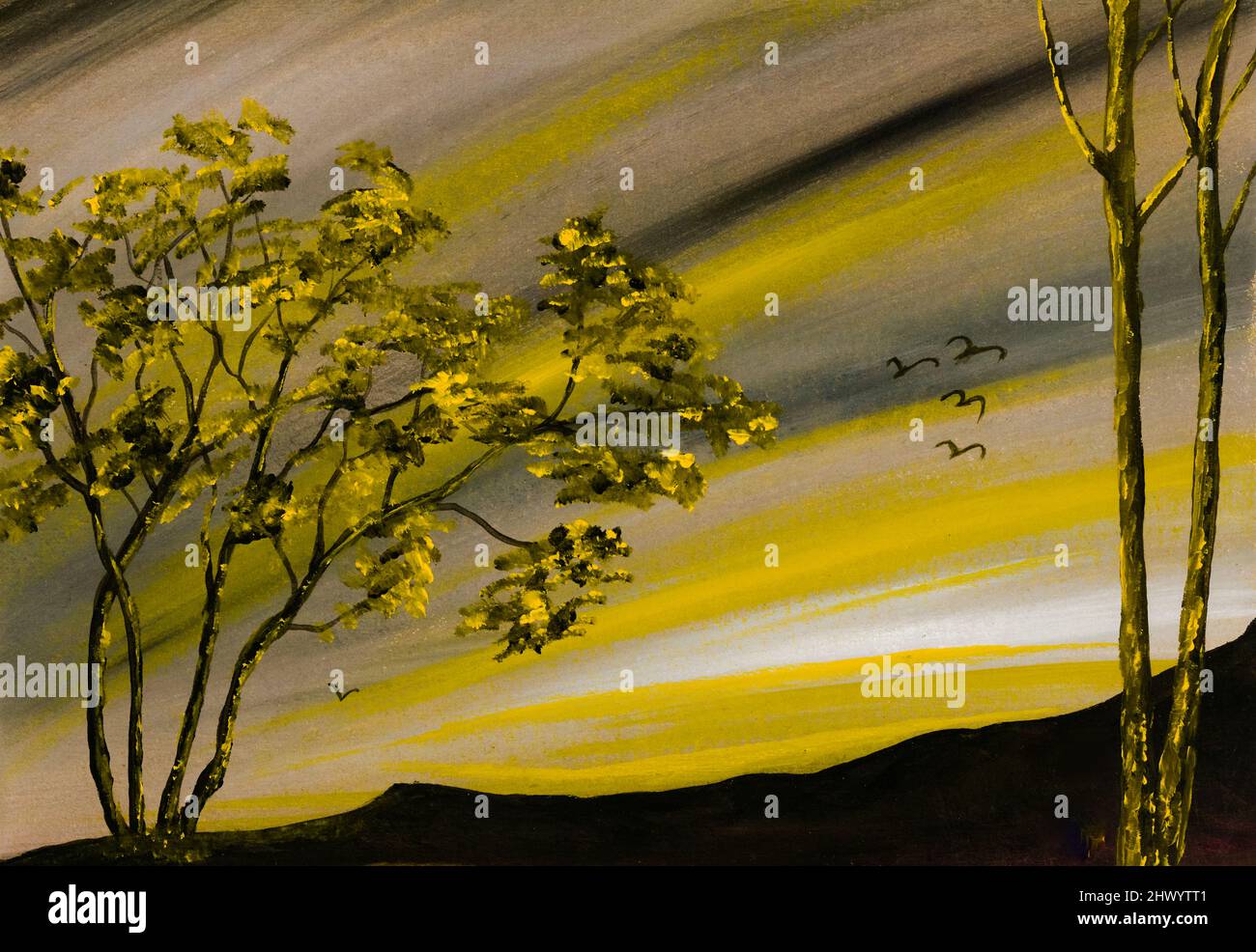 Pittura acrilica di cielo giallo e alberi gialli. Dipinto dal fotografo. Foto Stock