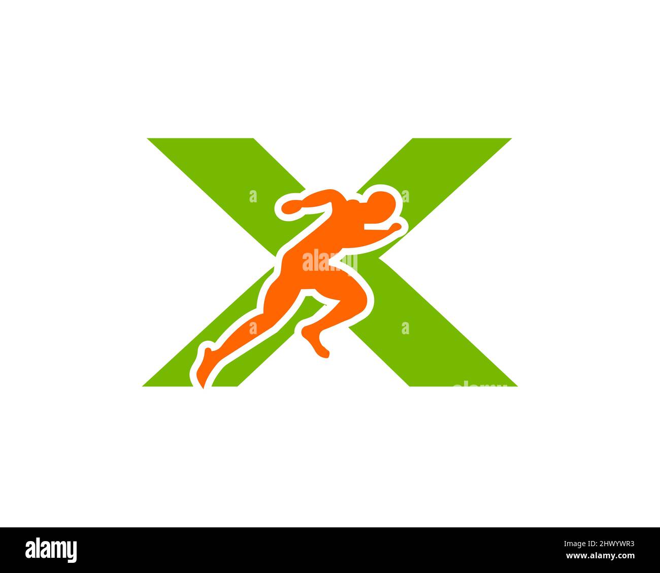 Vista frontale Sport Running Man con logo Letter X. Modello con logo Silhouette uomo running per maratona, modello, club running o logo Sports Club Illustrazione Vettoriale