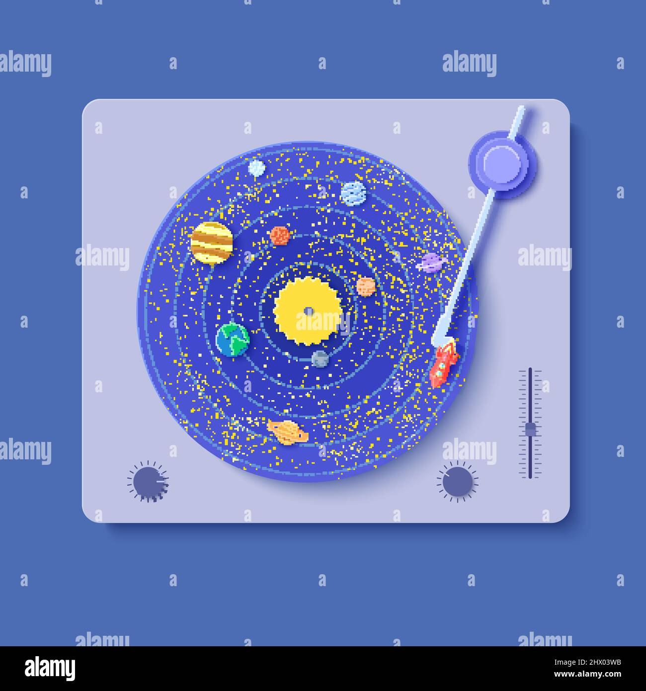 Gramophone con vinil record in carta taglio. 3d illustrazione con razzo spaziale e artigianato di pianeti del sistema solare. Saturno Giove Venere Sole Nettuno Illustrazione Vettoriale