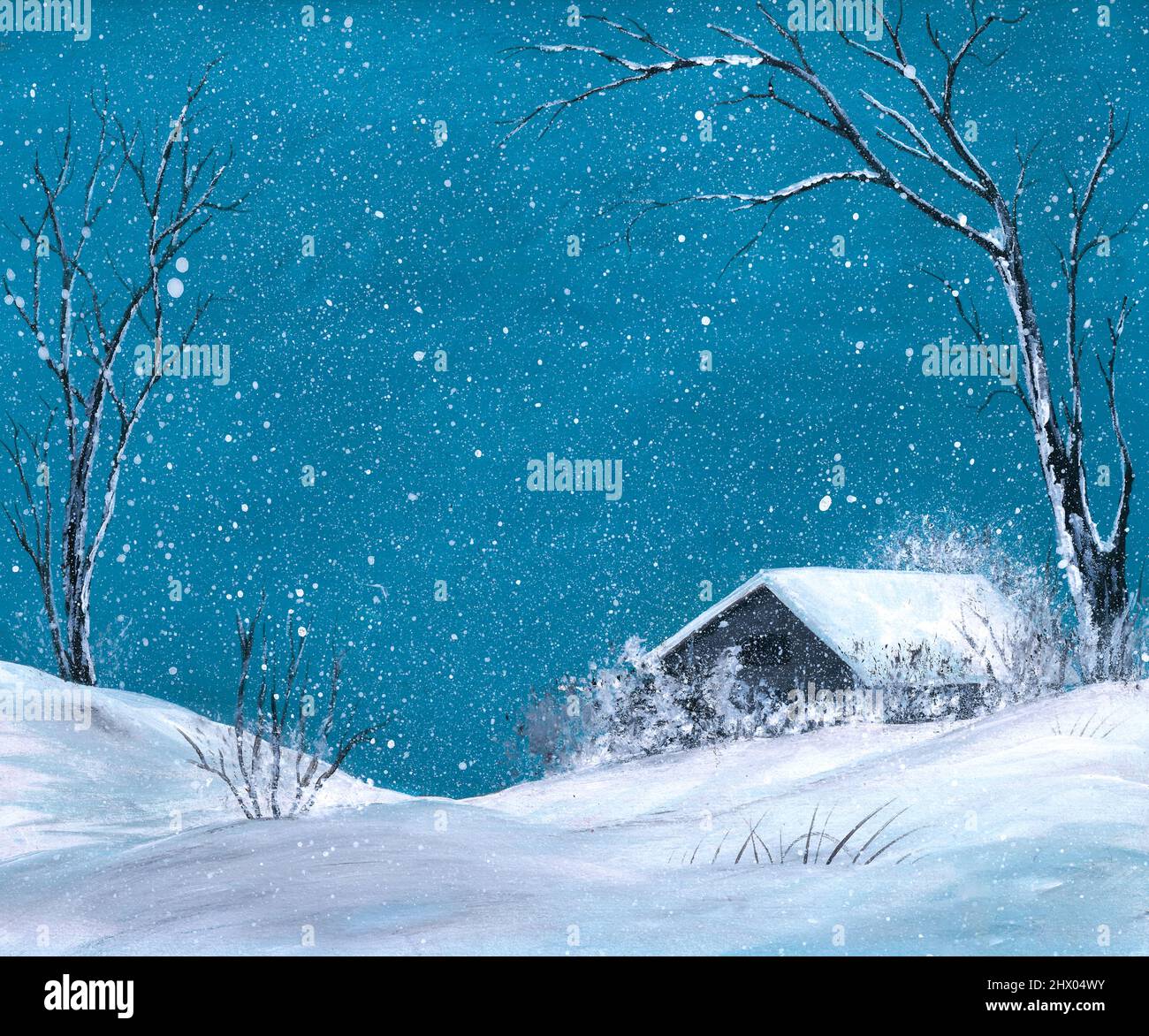Pittura acrilica originale di giorno nevoso in rurale. Dipinto dal fotografo. Foto Stock