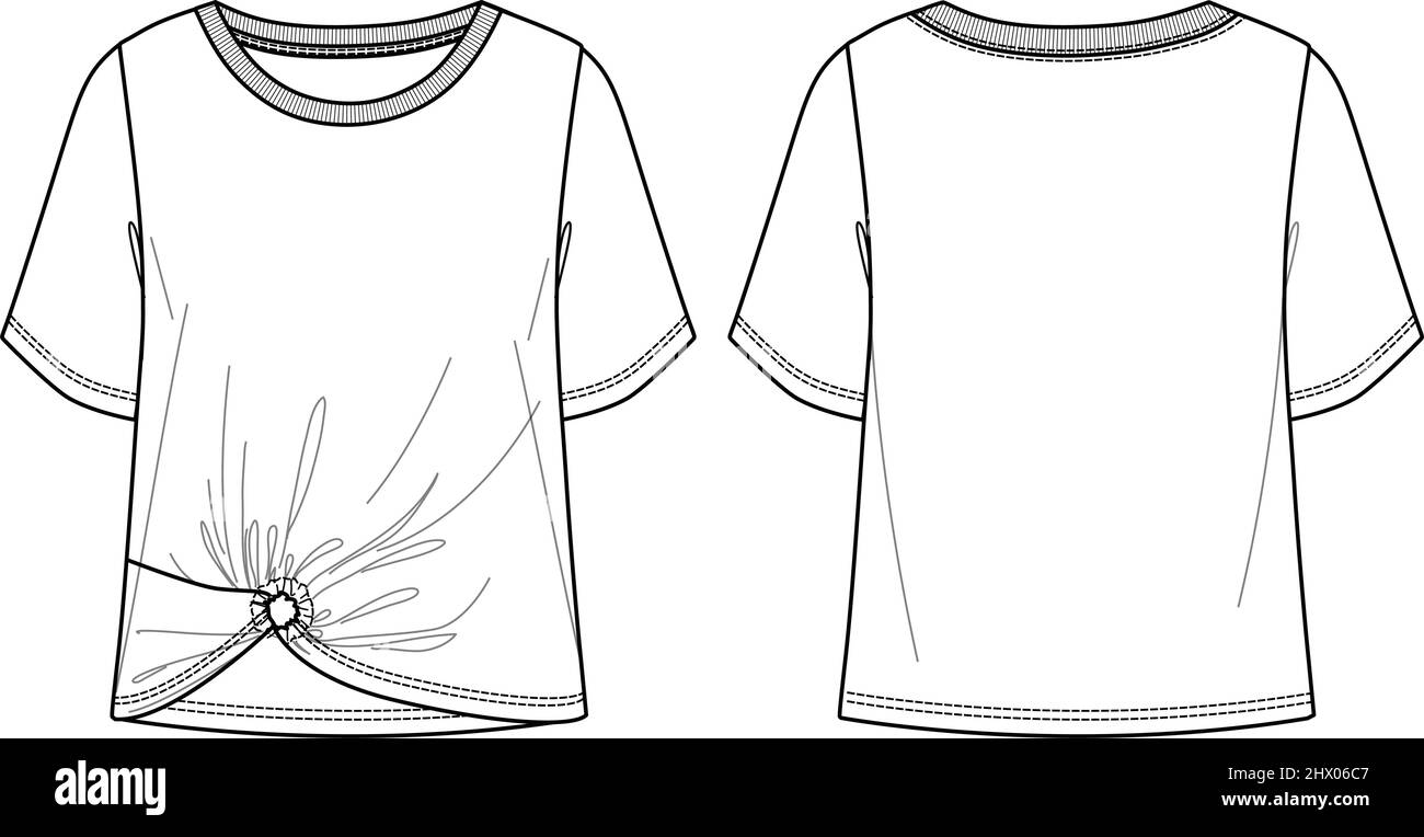 Vector maniche corte T-Shirt moda CAD, donna tondo collo boxy forma top disegno tecnico, modello, piatto, schizzo. Maglia o tessuto base t sh Illustrazione Vettoriale