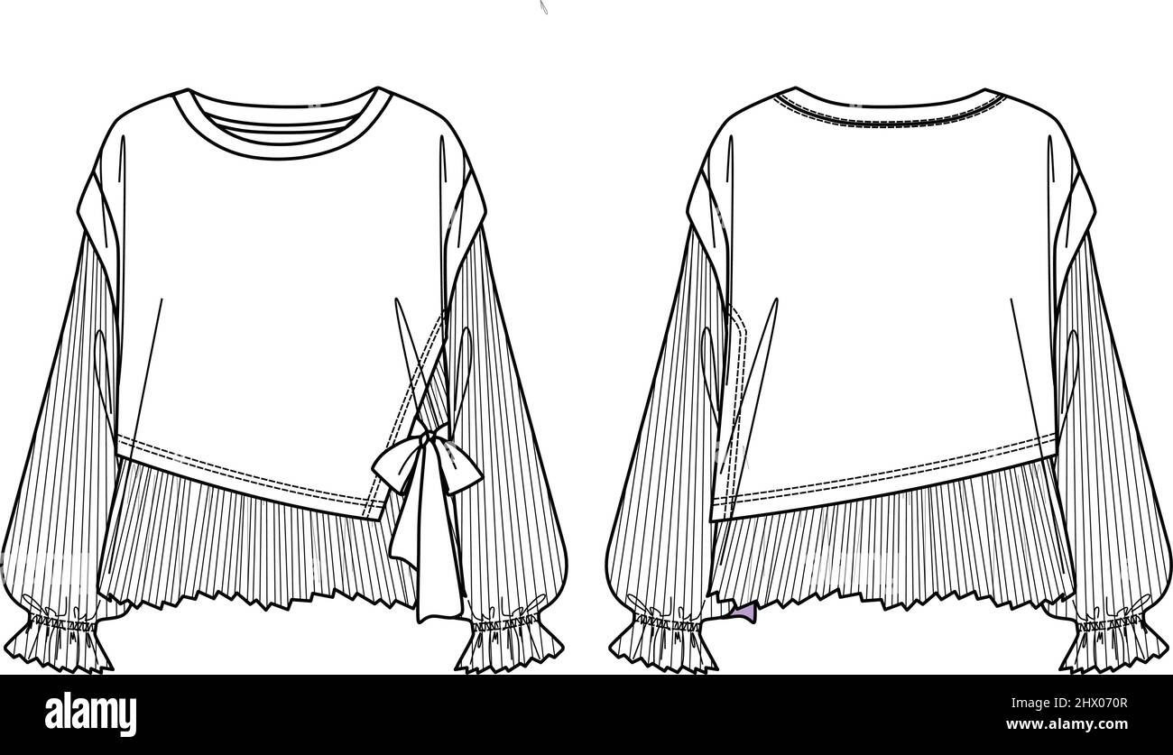 Felpa vettoriale con dettagli plisse, felpa donna disegno tecnico, moda CAD, maniche lunghe collo rotondo piatto, modello. Scappare Illustrazione Vettoriale