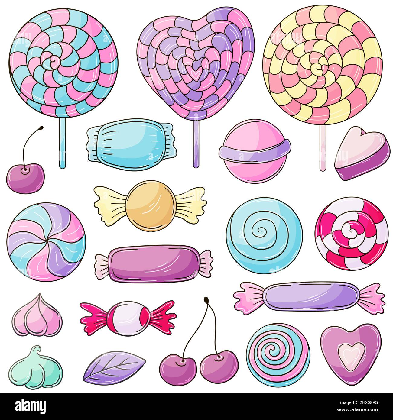 Dolci dolci. Set di illustrazioni vettoriali in stile disegno a mano. Collezione di icone, spille, adesivi. Caramelle, lecca-lecca, marshmallows Illustrazione Vettoriale