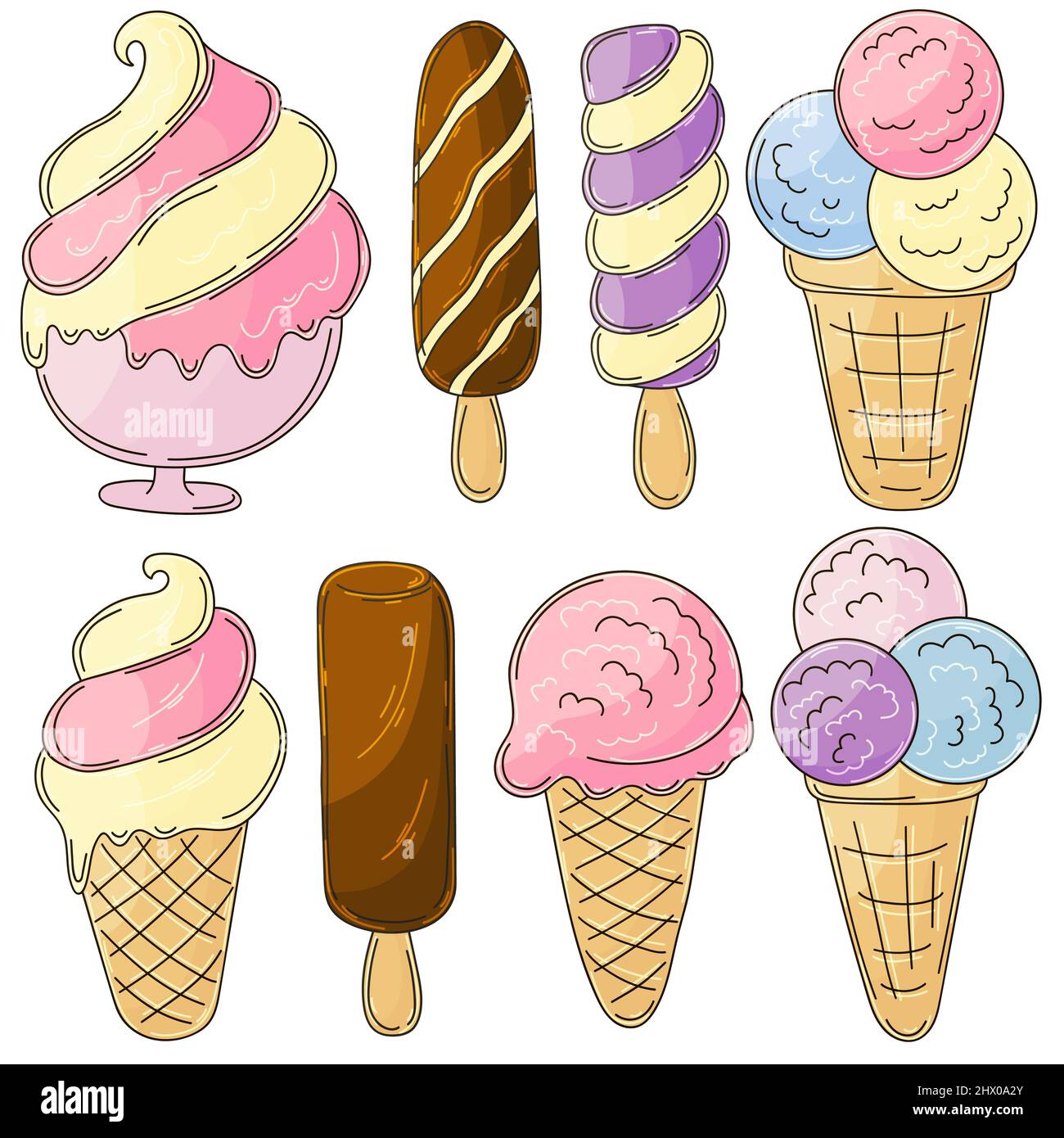 Set di illustrazioni vettoriali in stile disegno a mano. Dolci, gelato. Collezione di icone, spille, insegne, adesivi. Gelato in una tazza, in un vaso, Illustrazione Vettoriale