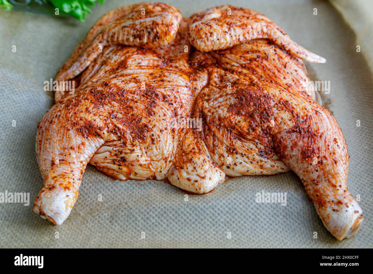 Crudo il pollo intero su un vassoio del forno il tabacco di pollo Foto Stock
