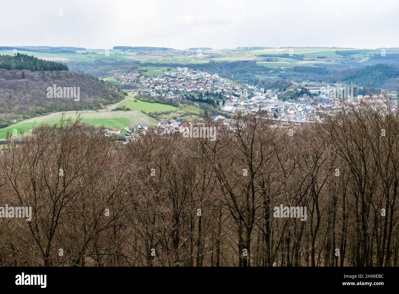 Vista panoramica sulla valle del fiume Prum, i boschi, il villaggio di Irrel e il parco naturale della Gola del Devils Teufelsschlucht, G. Foto Stock