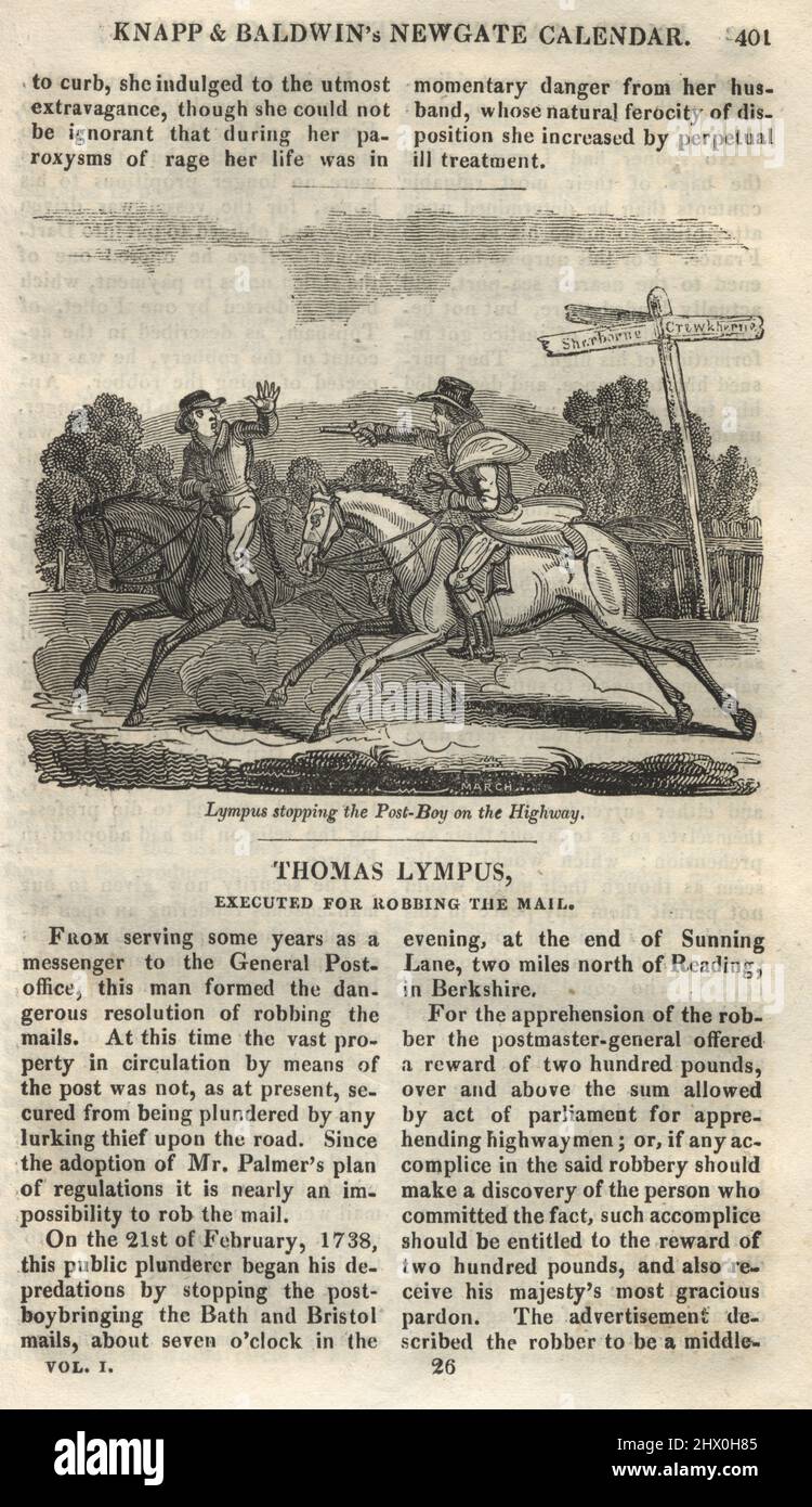 Pagina dal Calendario Newgate, Thomas Lympus derubando la posta sull'autostrada, eseguito vicino Wells, nel Somersetshire, 21st di settembre 1739 Foto Stock