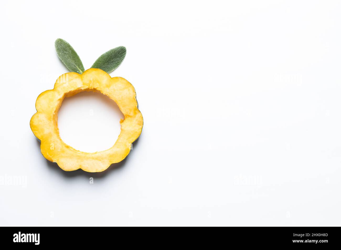 Squash di ghiande affettato con foglie di orecchio degli agnelli isolato su uno sfondo bianco. Foto Stock