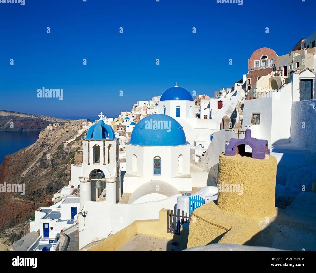 Vista a Fira, Santorini, Cicladi, Grecia, Europa Foto Stock