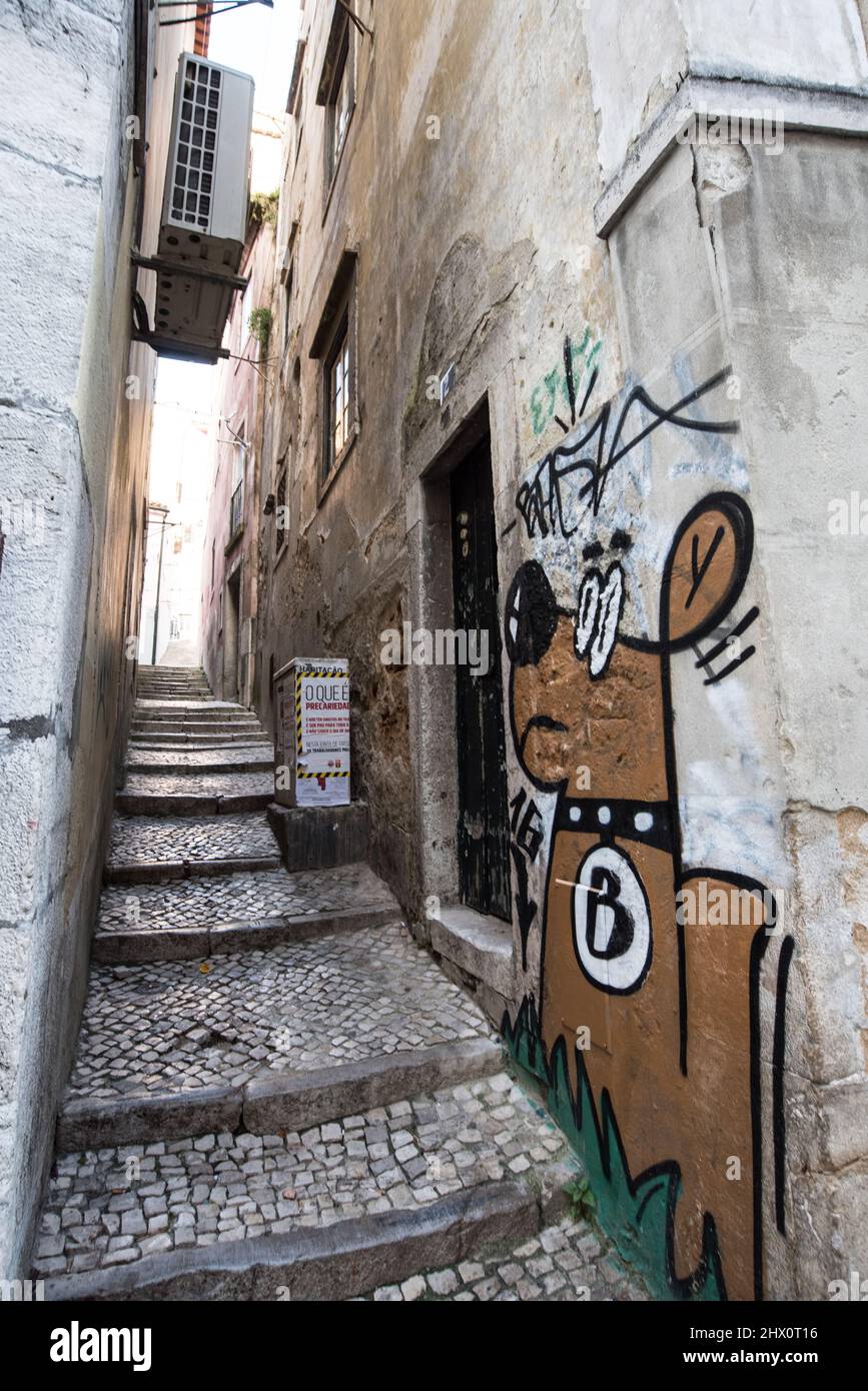 Vicolo a Lisbona, con graffiti di cane Street art Foto Stock