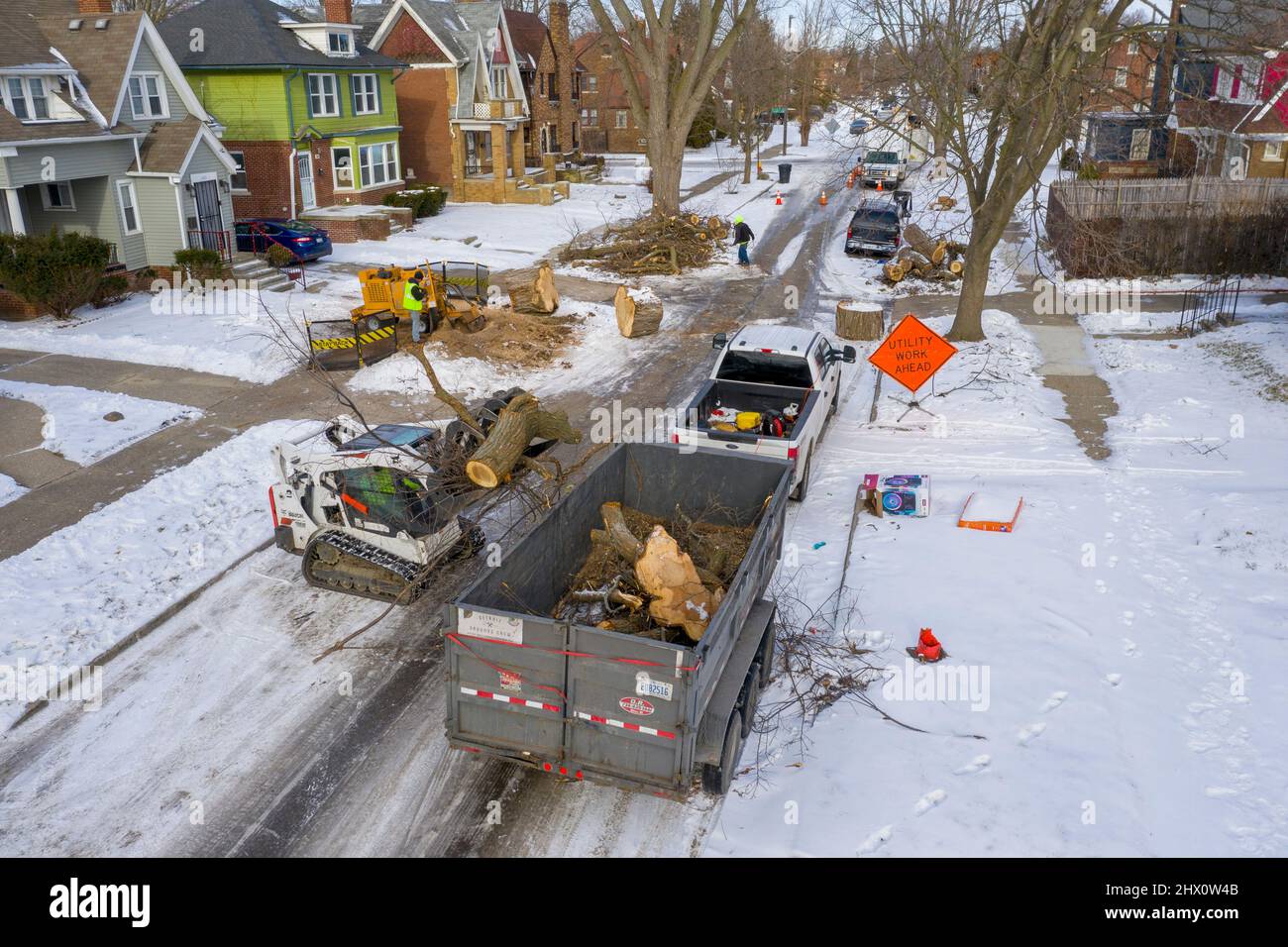 Detroit, Michigan - i lavoratori di Detroit Grounds Crew rimuovono gli alberi indesiderati e malati in un quartiere di Detroit. Foto Stock