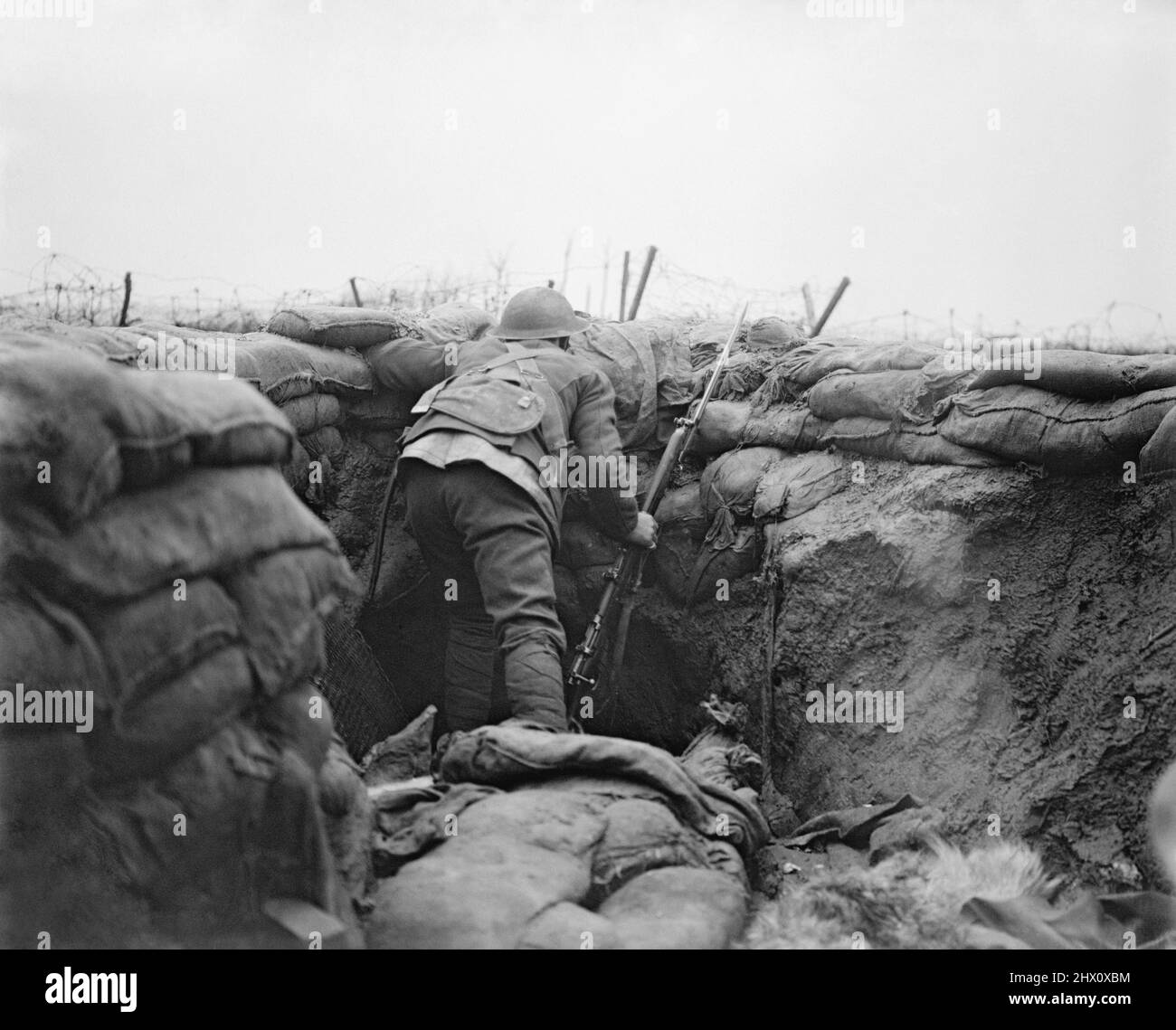 Un Lancashire Fusilier sentry in una trincea in prima linea e British Wire in 'No man's Land'. Di fronte a Messines, nei pressi di Ploegsteert Wood, gennaio 1917. Foto Stock