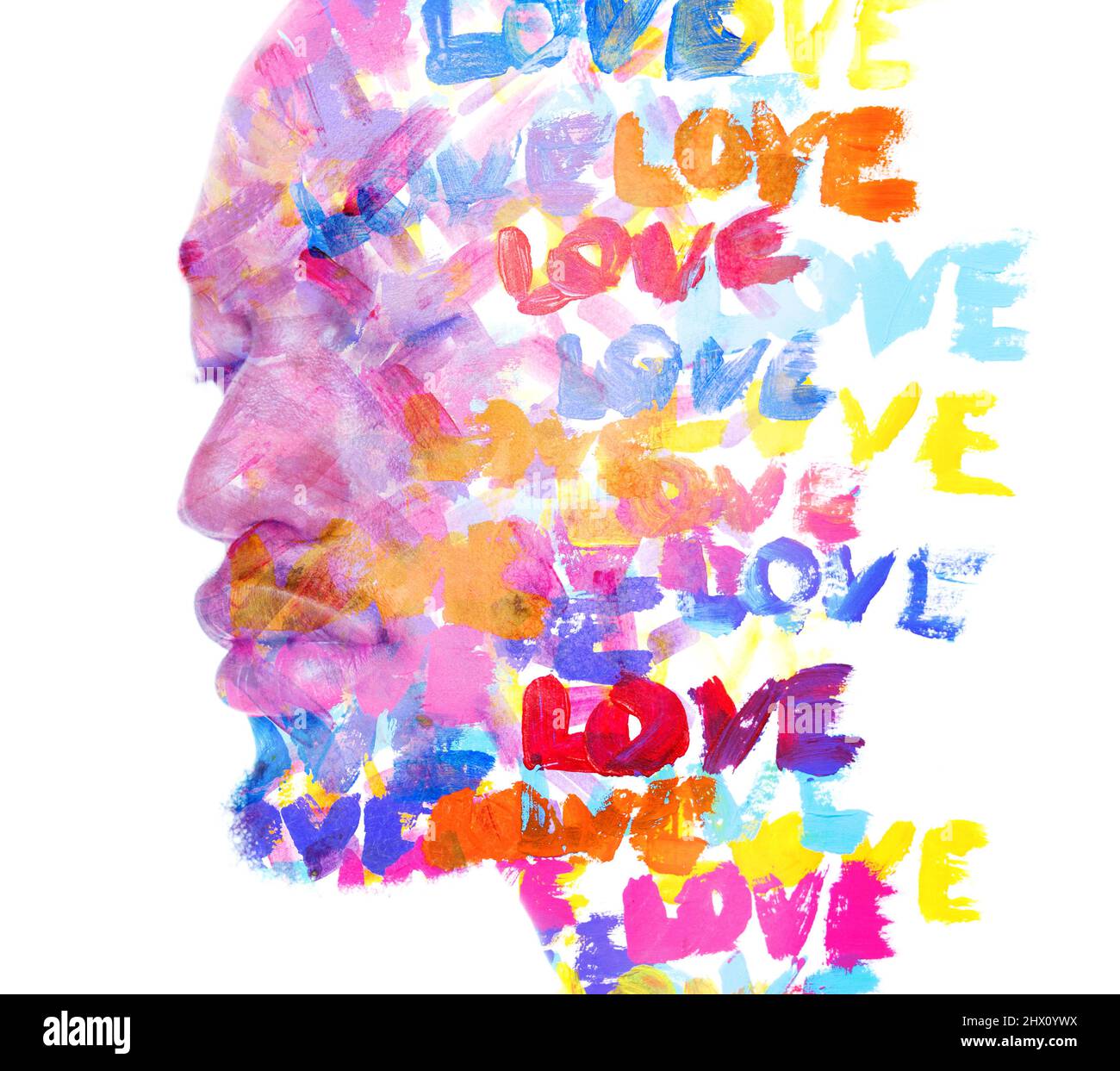 Pittura. Parole dipinte a mano multiple combinate con un ritratto di un uomo Foto Stock