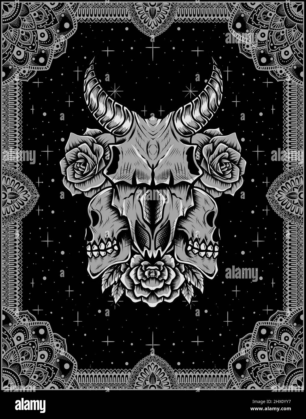 illustrazione vettore testa cranio di capra con ornamento di fiore di rosa Illustrazione Vettoriale