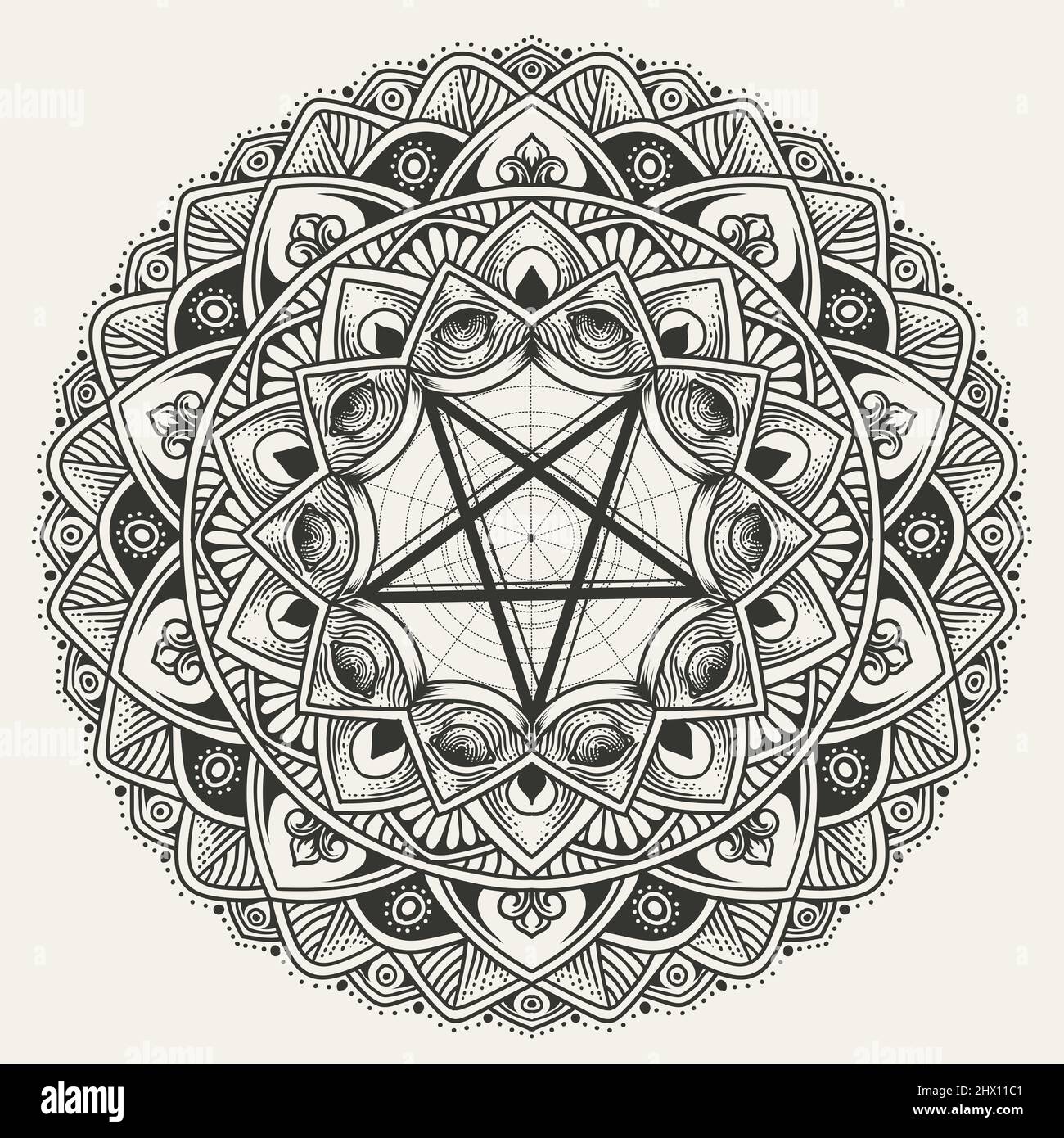 Elegante mandala circolare con il simbolo del pentagramma su sfondo bianco Illustrazione Vettoriale