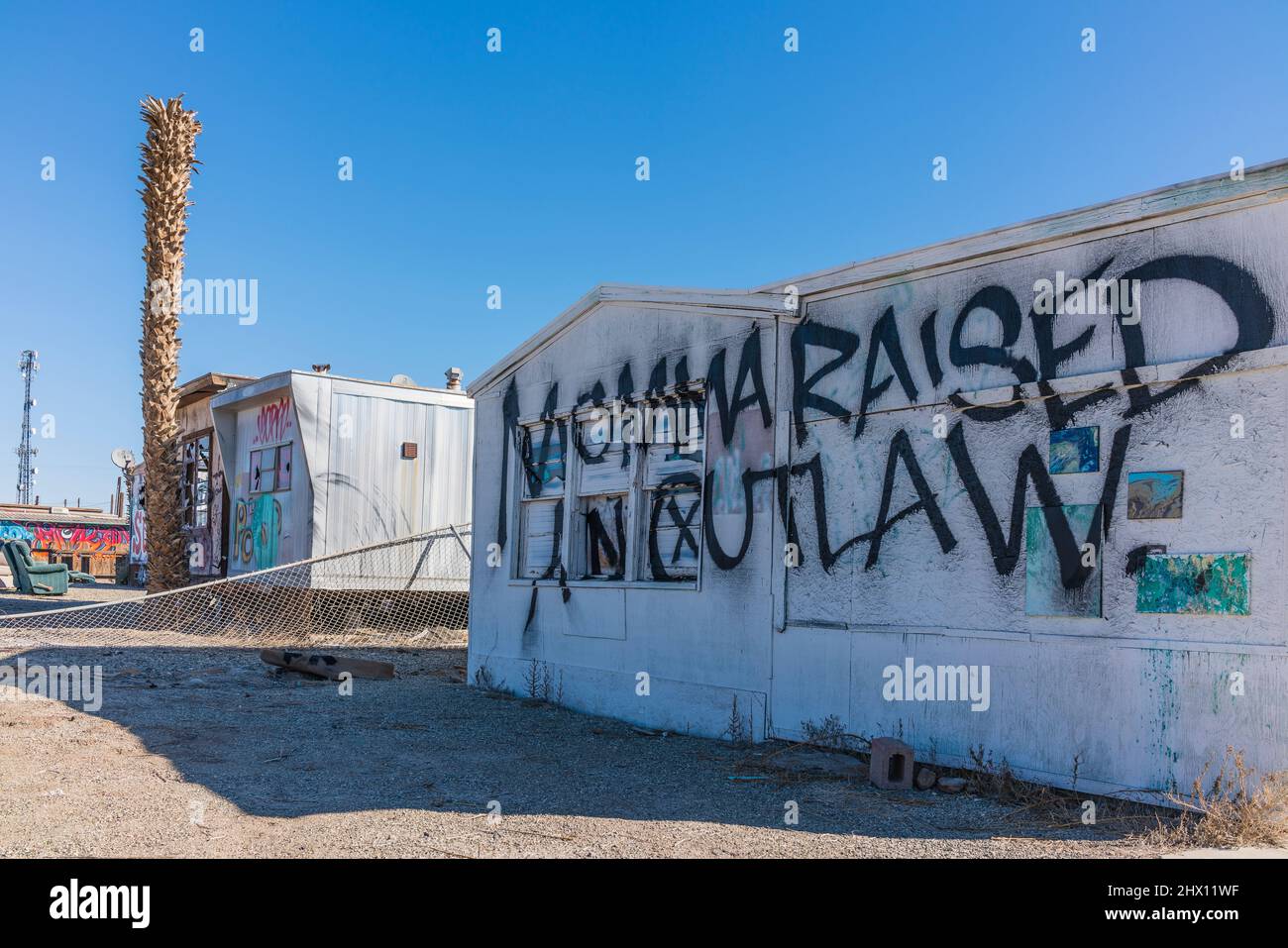 'momma ha sollevato un fuorilegge' graffiti spray dipinta su un edificio, una casa mobile, nell'insediamento di Bombay Beach, California, vicino al Mare di Salton. Foto Stock