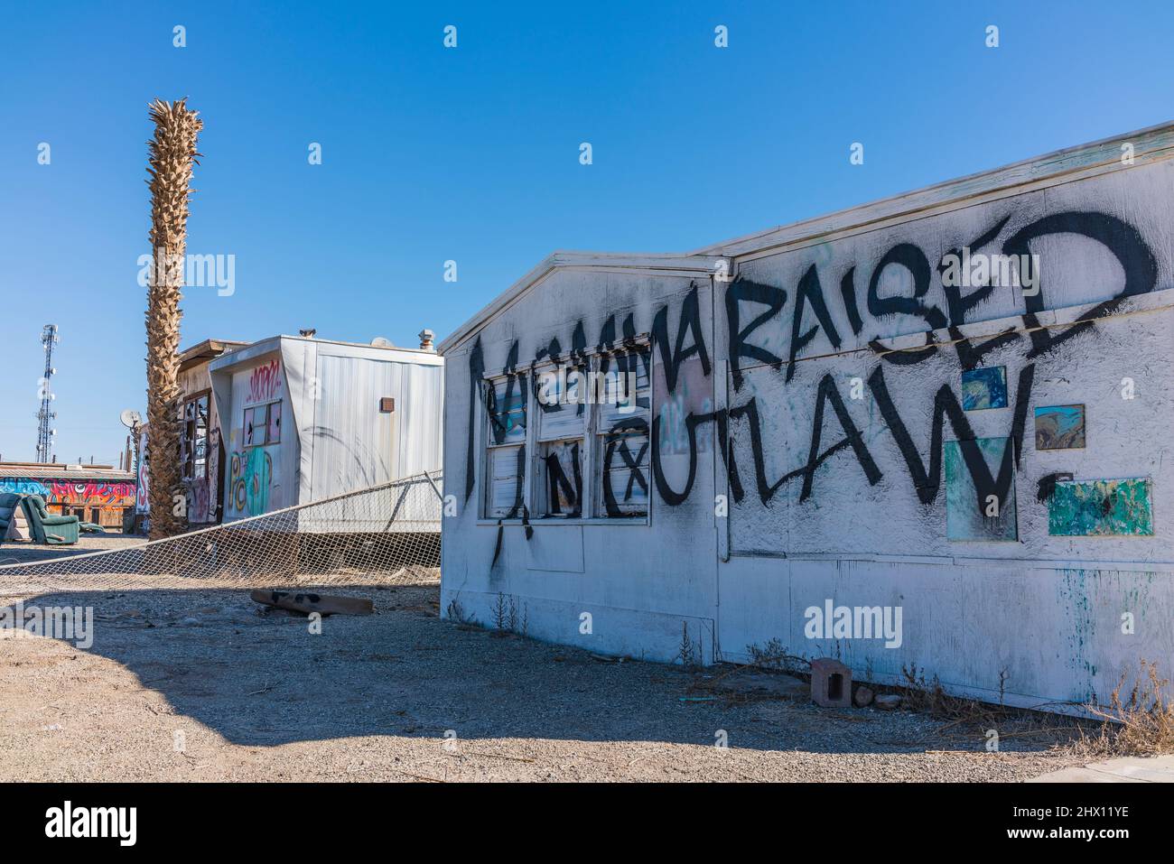 'momma ha sollevato un fuorilegge' graffiti spray dipinta su un edificio, una casa mobile, nell'insediamento di Bombay Beach, California, vicino al Mare di Salton. Foto Stock