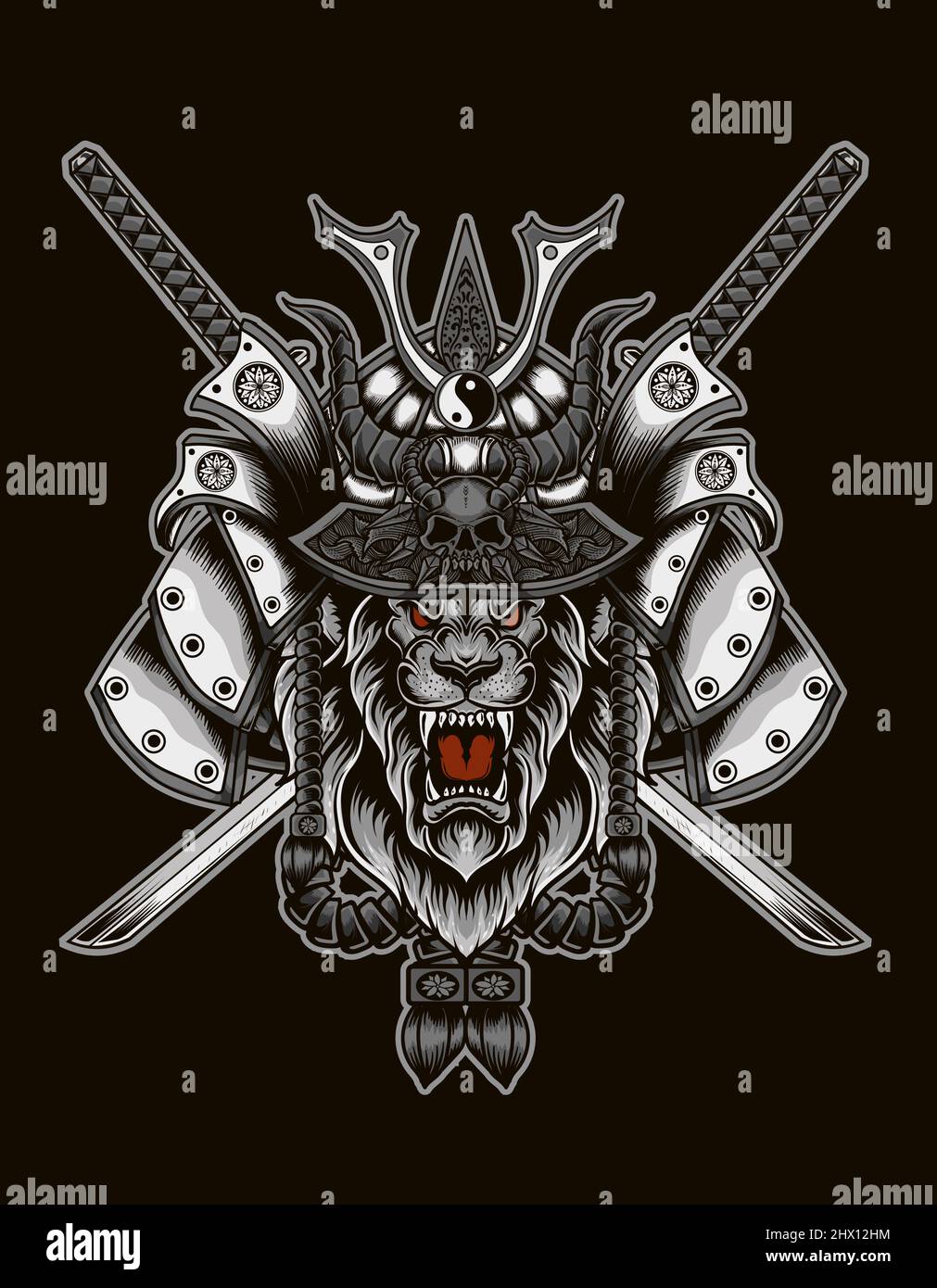 illustrazione testa samurai leone con due spada katana Illustrazione Vettoriale