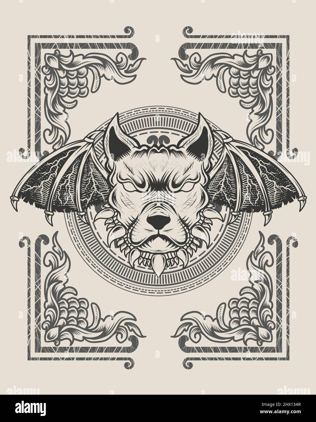 illustrazione demone cane testa stile monocromatico Illustrazione Vettoriale
