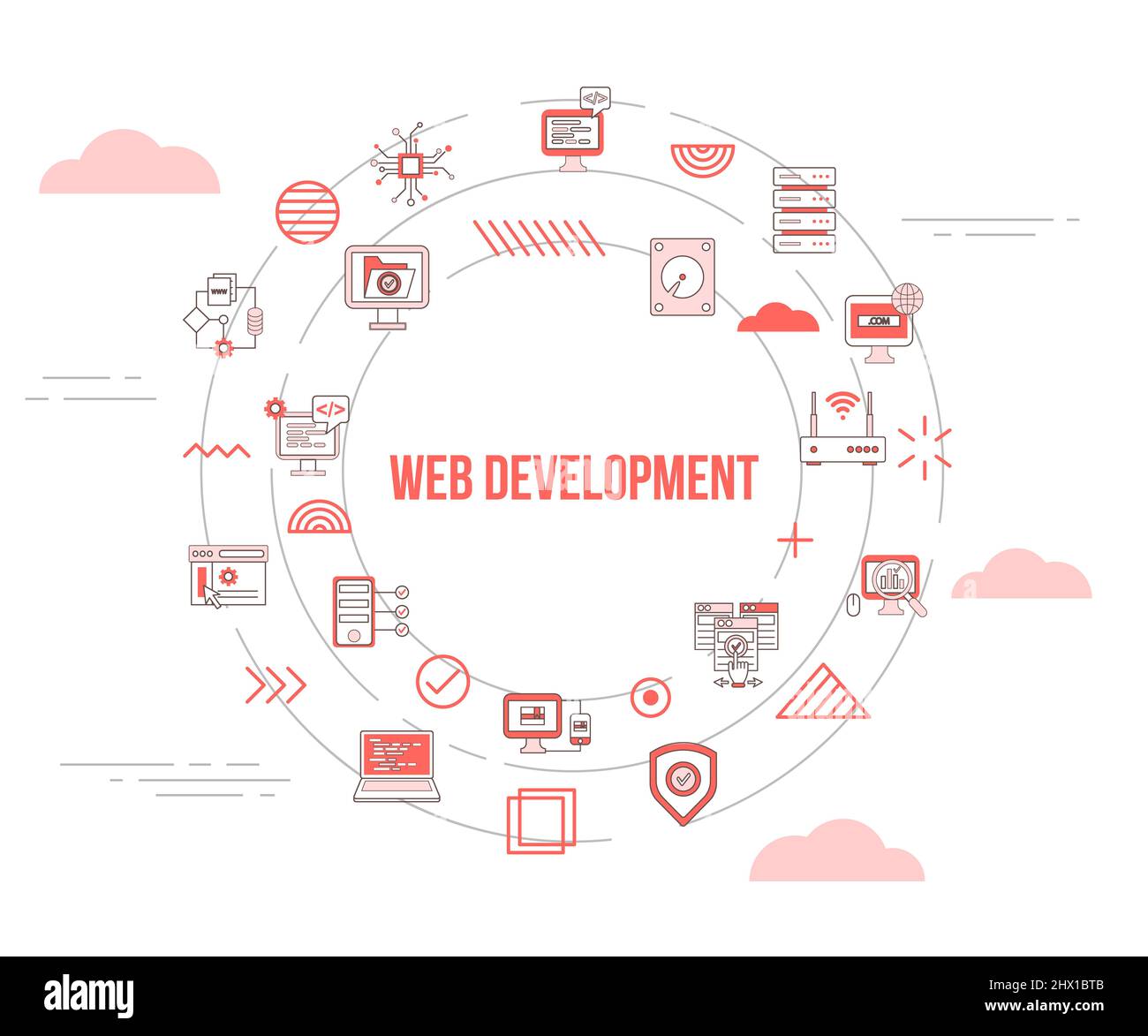 concetto di web development sito web con icona imposta banner modello e cerchio forma circolare vettore Foto Stock