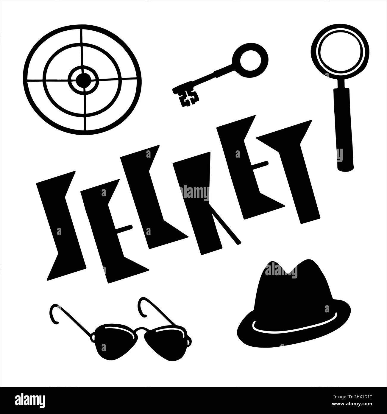 Parola Segreto e insieme di oggetti detective, spia, mafia. Illustrazione Vettoriale