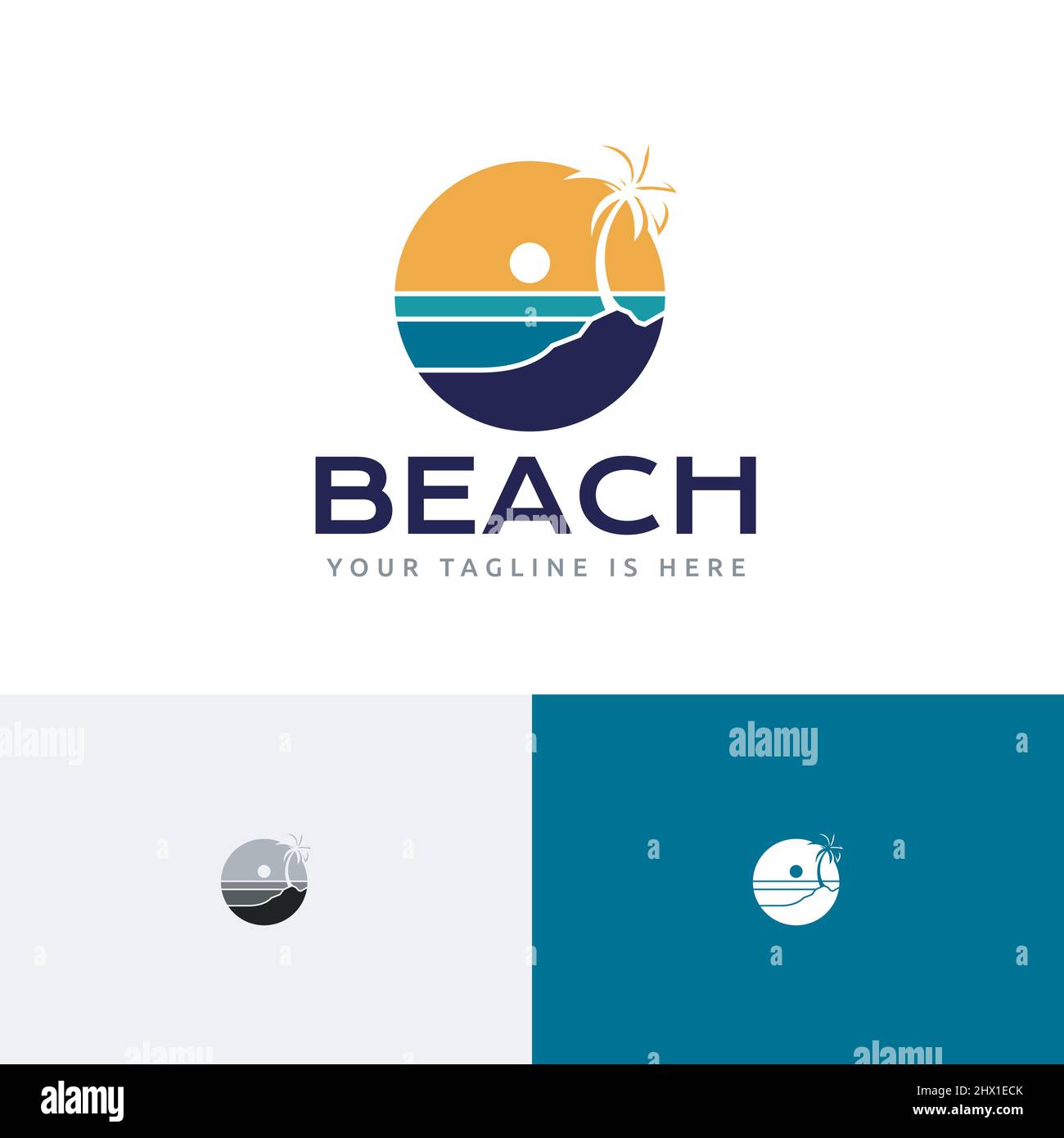 Modello di logo del viaggio Circle Beach Sea Sunset Tour Illustrazione Vettoriale