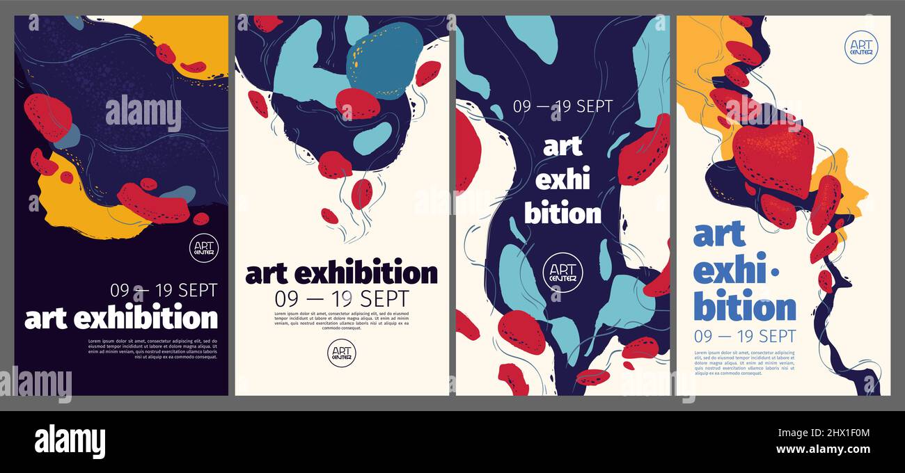 Poster di esposizione d'arte con disegno astratto della pittura. Banner verticali vettoriali, volantini di invito al museo o alla galleria con sfondo creativo alla moda con colori colorati e forme disegnate a mano Illustrazione Vettoriale