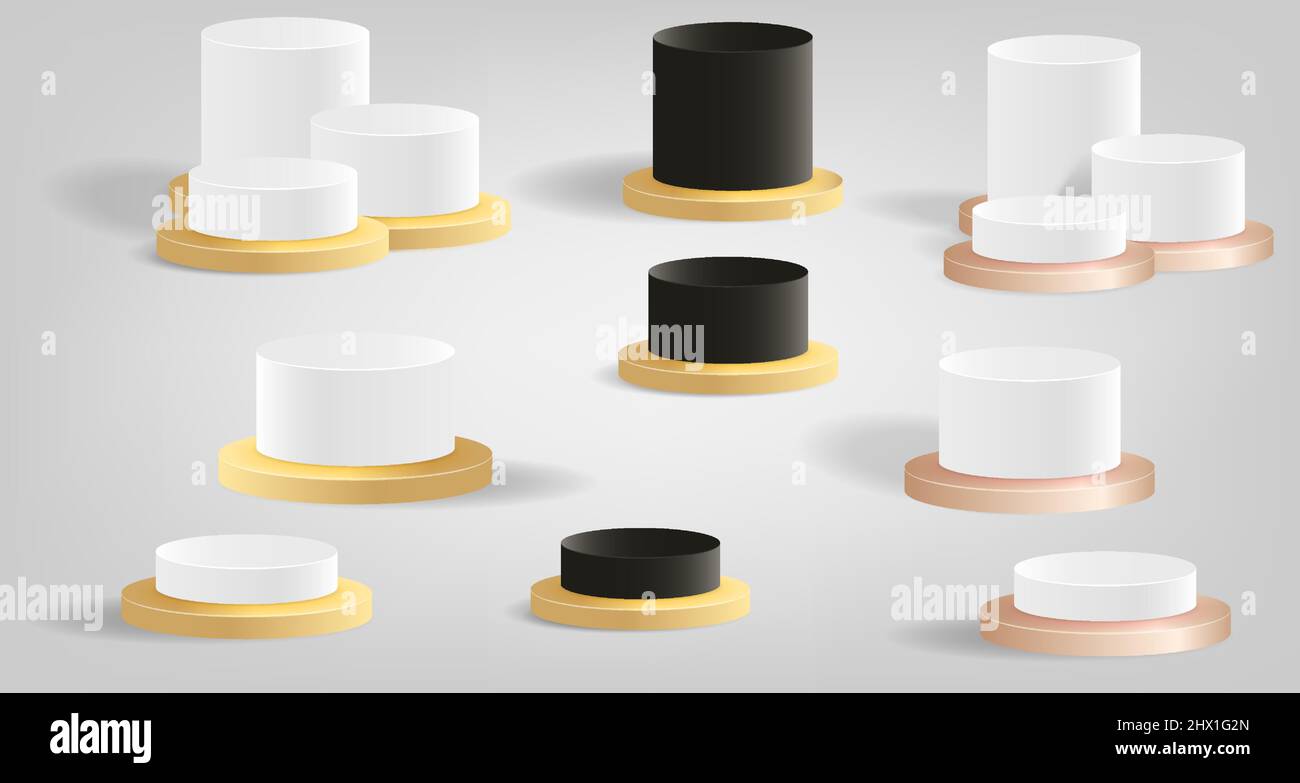 Set collezione di palco o piattaforma per esposizione di prodotti isolati in metallo multicolore, bianco giallo nero rosa rosa oro perla. Illustrazione Vettoriale