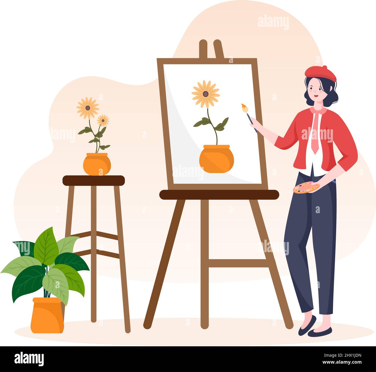 Dipingere l'illustrazione piatta con qualcuno che dipinge usando Easel, Canvas, Brushes e Watercolor per i disegni del Poster o del Workshops Illustrazione Vettoriale