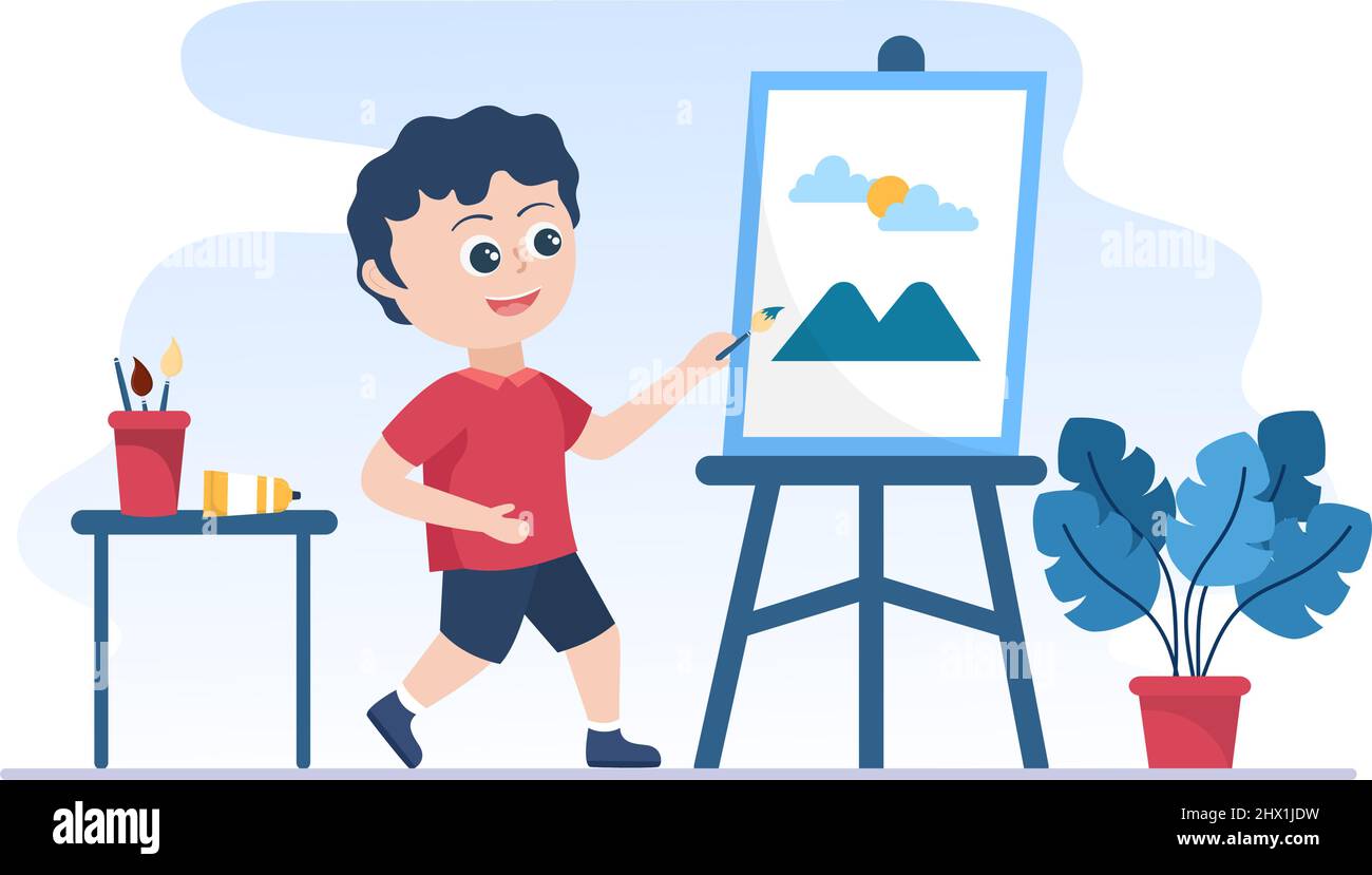 Dipingere l'illustrazione piatta con qualcuno che dipinge usando Easel, Canvas, Brushes e Watercolor per i disegni del Poster o del Workshops Illustrazione Vettoriale