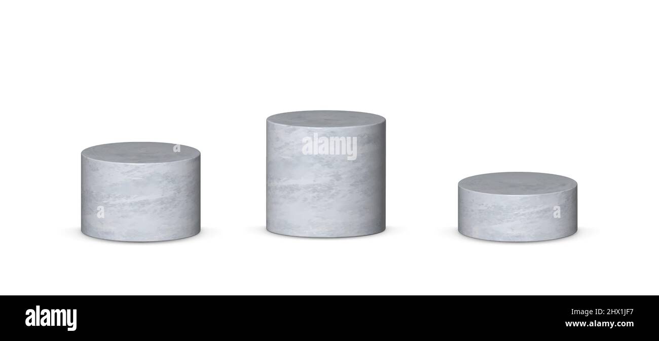 Set di supporti per cilindri 3D grigio realistico isolato su bianco. Illustrazione Vettoriale