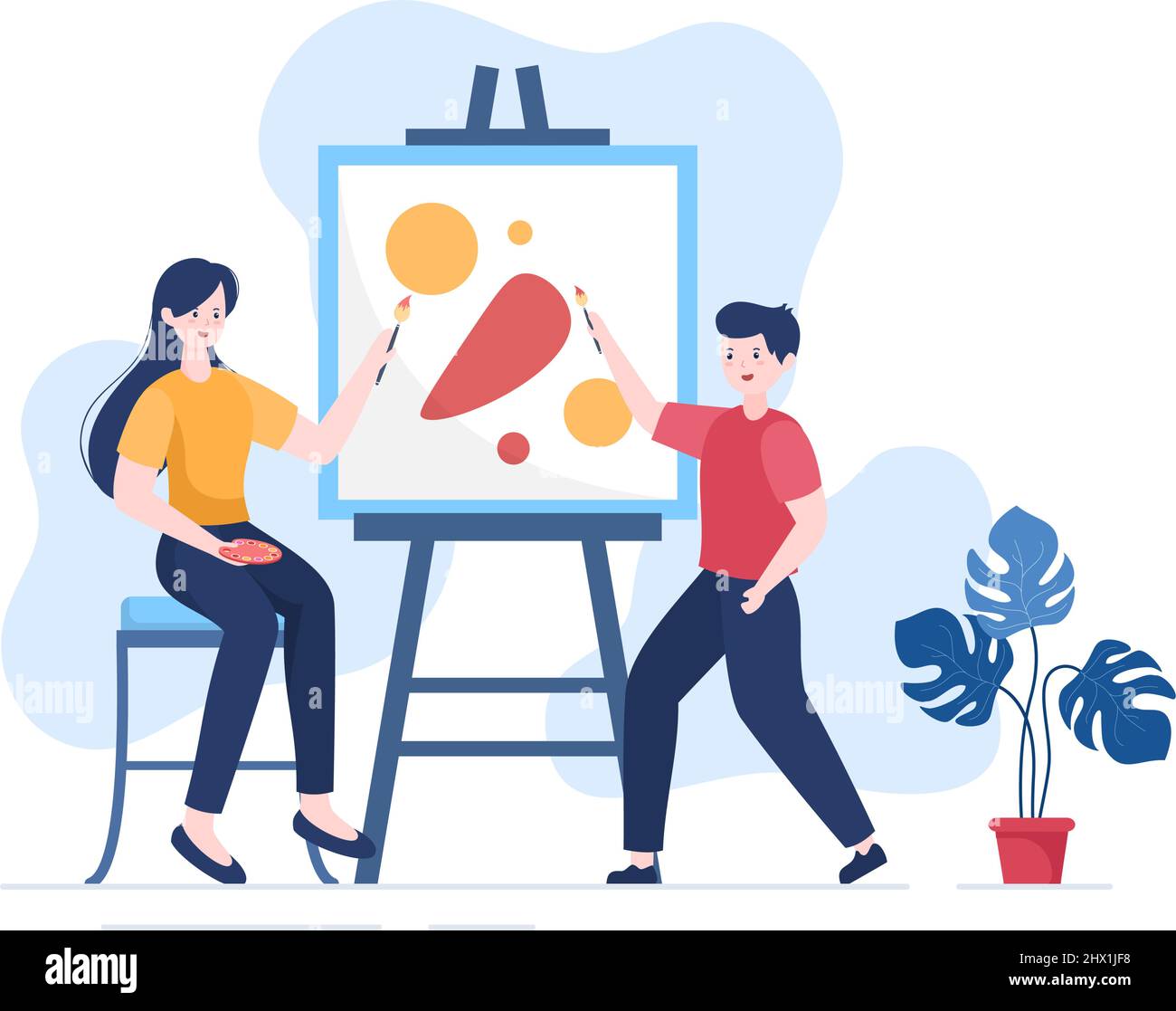 Dipingere l'illustrazione piatta con qualcuno che dipinge usando Easel, Canvas, Brushes e Watercolor per i disegni del Poster o del Workshops Illustrazione Vettoriale