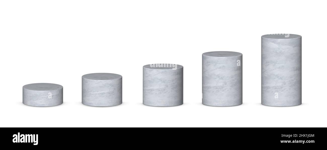 Vista frontale a 3D cilindri grigio brina e livelli con prospettiva isolata su sfondo grigio. Illustrazione Vettoriale