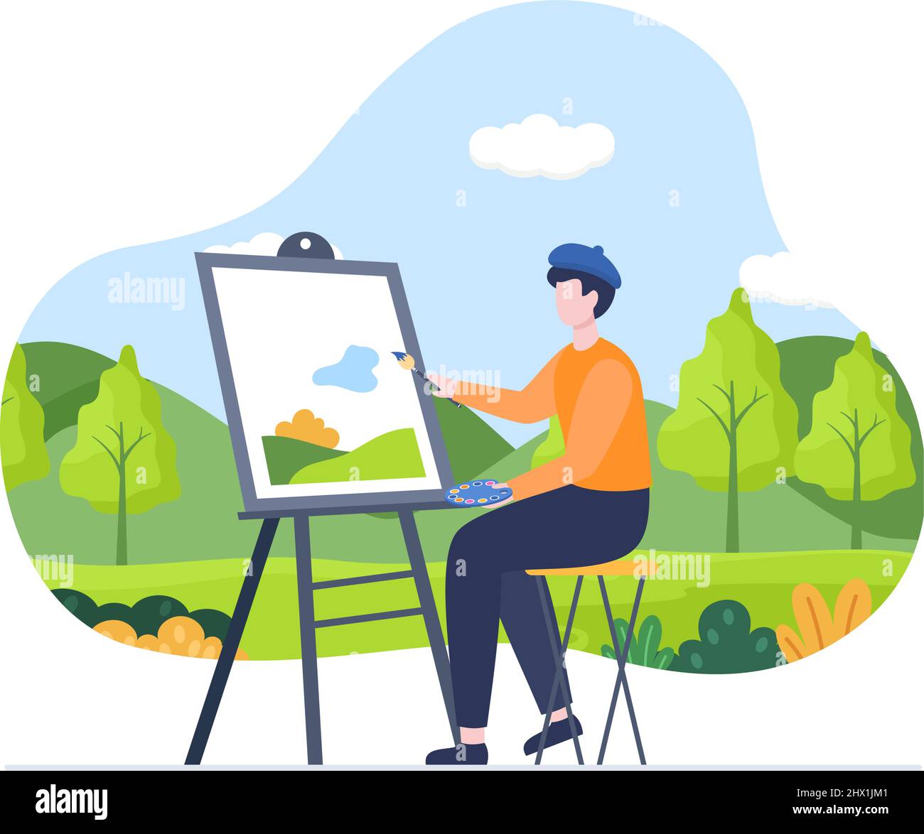 Dipingere l'illustrazione piatta all'aperto con qualcuno che dipinge usando Easel, Canvas, Brushes e Watercolor per i disegni del Poster o del Workshops Illustrazione Vettoriale