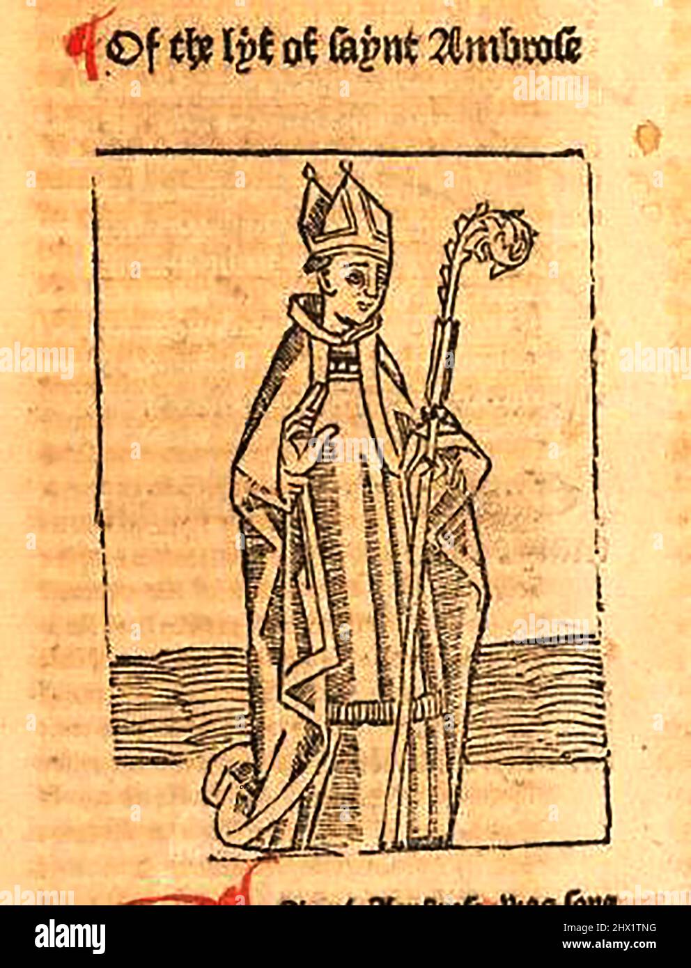 Legno del 15th secolo che mostra Sant'Ambrogio, stampato da William Caxton ( 1422-1491/92) nella sua traduzione di 'la leggenda dorata' o 'così enda il legende chiamato in Latyn legenda aurea che è di saye in Englysshe il legende dorata' di Jacobus, de Voragine, (circa 1229-1298). Foto Stock
