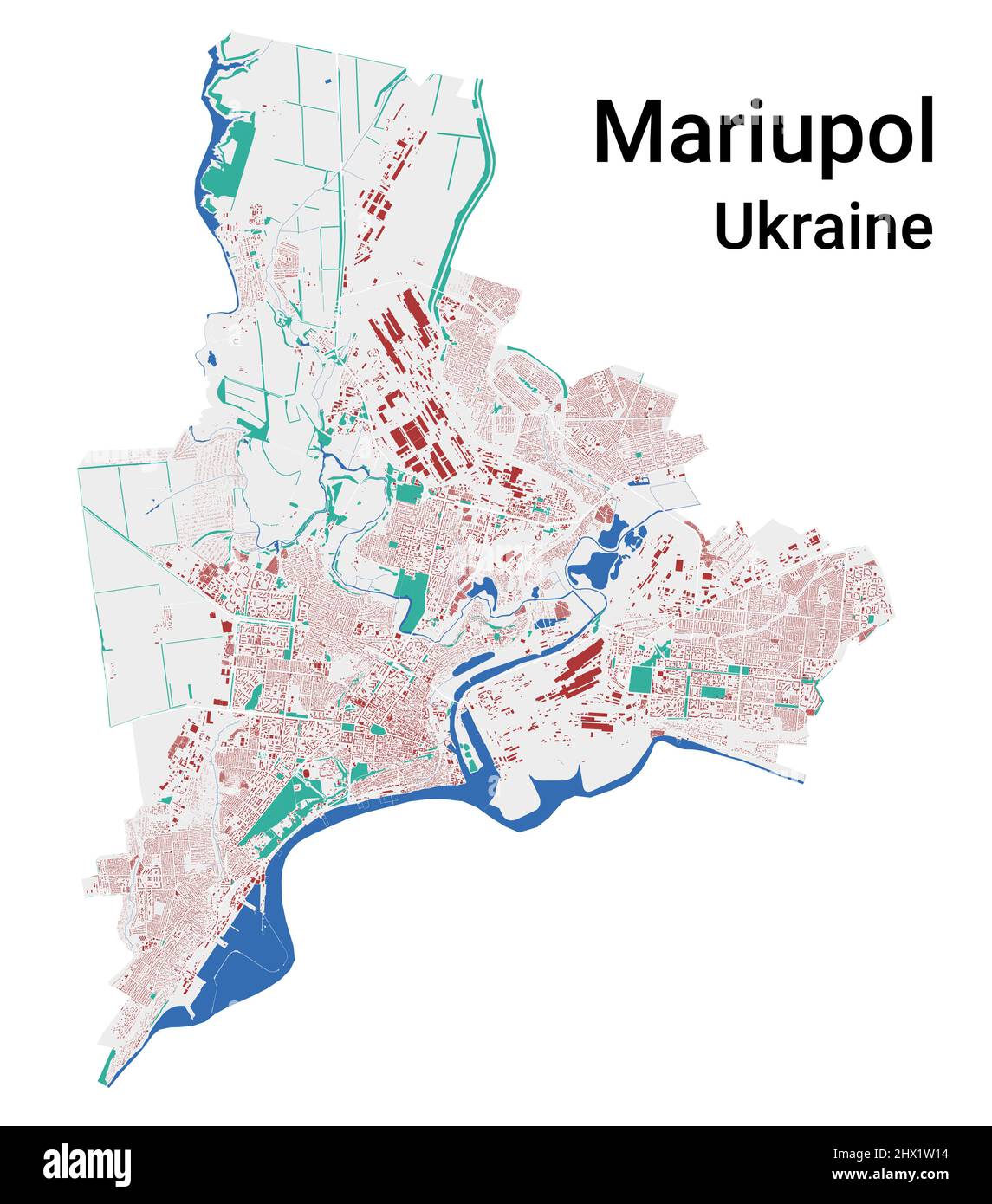Mappa vettoriale Mariupol. Mappa dettagliata dell'area amministrativa della città di Mariupol. Panorama urbano. Mappa stradale con edifici, acqua, foresta. Decorativo turistico Illustrazione Vettoriale