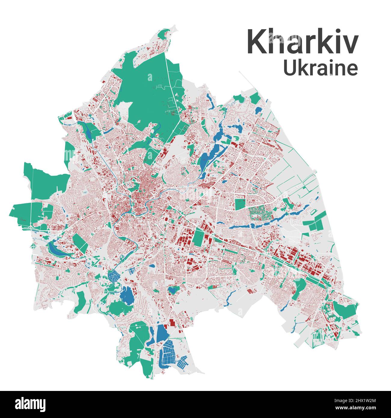 Mappa vettoriale di Kharkiv. Mappa dettagliata dell'area amministrativa della città di Kharkiv. Panorama urbano. Mappa stradale con edifici, acqua, foresta. Turistico decorativo m Illustrazione Vettoriale
