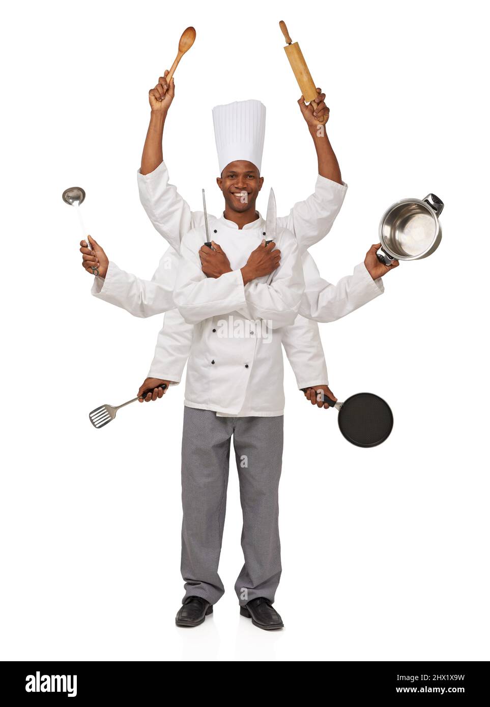 Il multi-tasking è un gioco di chef. Uno chef con otto braccia che contiene diversi utensili da cucina. Foto Stock Il multi-tasking è un gioco di chef. Uno chef con otto braccia che contiene diversi utensili da cucina. Foto Stock