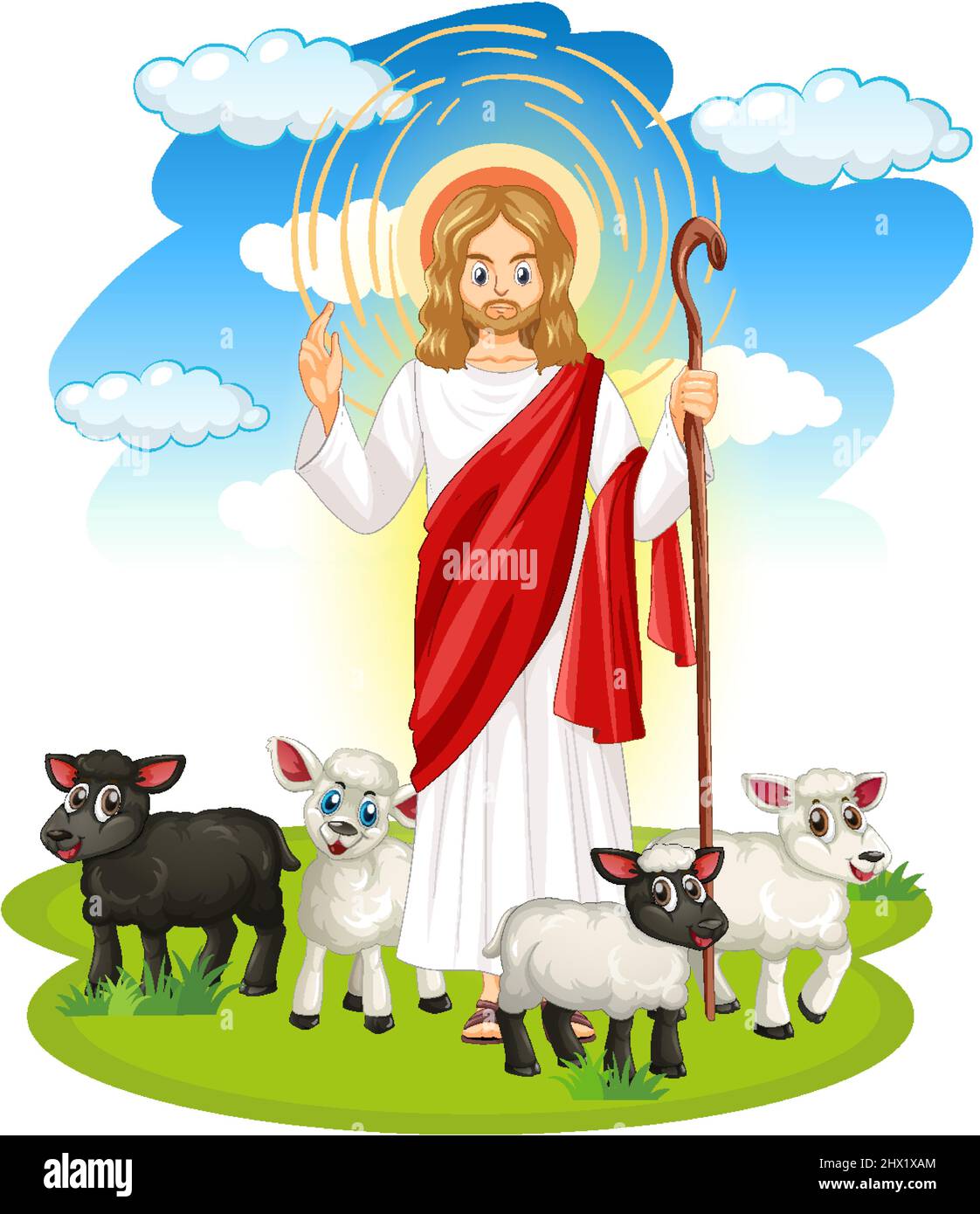 Gesù Cristo e gli animali in un'illustrazione in stile cartone animato Illustrazione Vettoriale