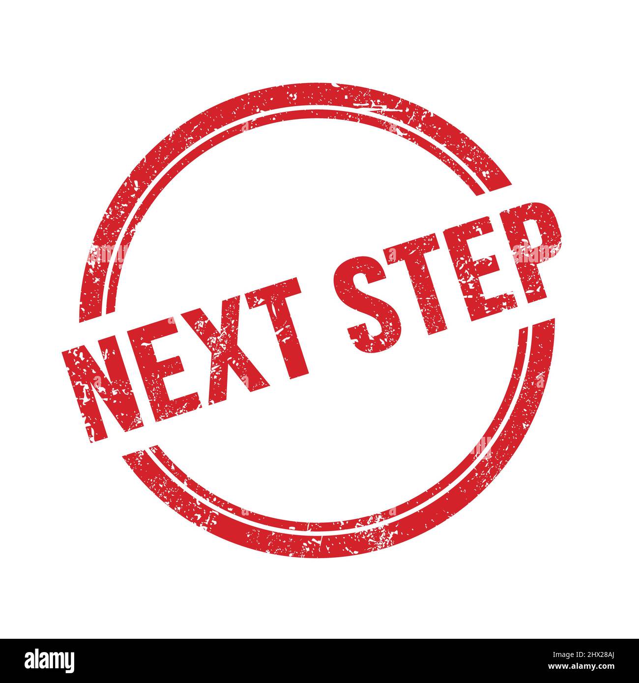 TESTO DEL PASSO SUCCESSIVO scritto sul francobollo rosso grungo vintage rotondo. Foto Stock