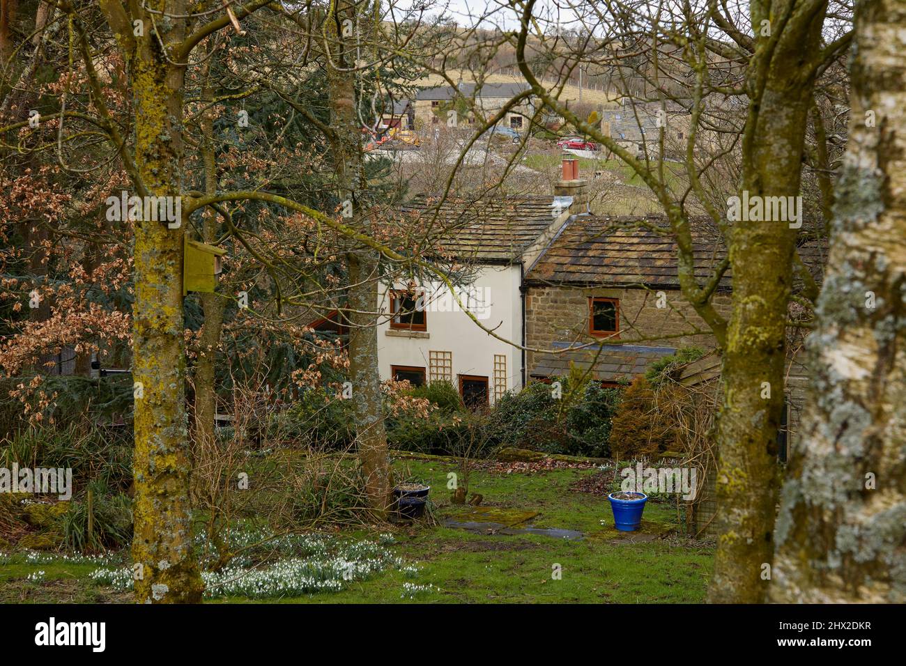 Annidato nelle valli dello Yorkshire, il tradizionale cottage moorland attende con ansia la primavera Foto Stock