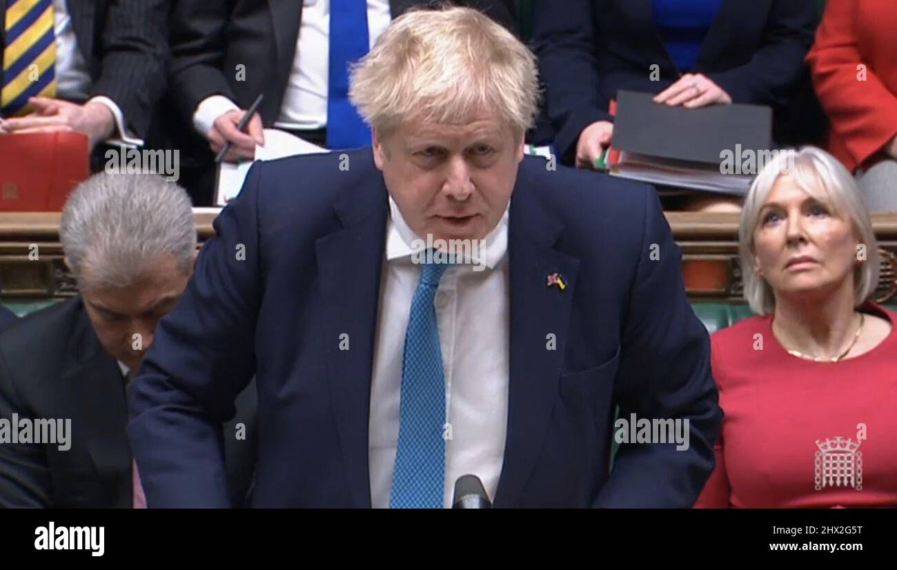 Il primo Ministro Boris Johnson parla durante le interrogazioni del primo Ministro alla Camera dei Comuni, Londra.Foto data: Mercoledì 9 marzo 2022. Foto Stock