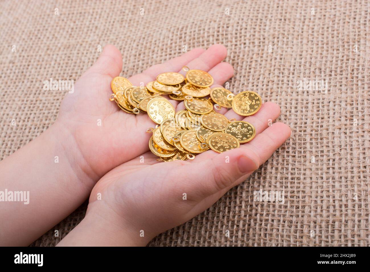 Molte monete d'oro finte in mano su tela Foto stock - Alamy