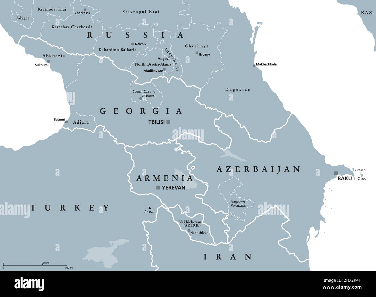 Caucaso, Caucasia, mappa politica grigia. Regione tra il Mar Nero e il Mar Caspio, occupata principalmente da Armenia, Azerbaigian, Georgia e Russia. Foto Stock