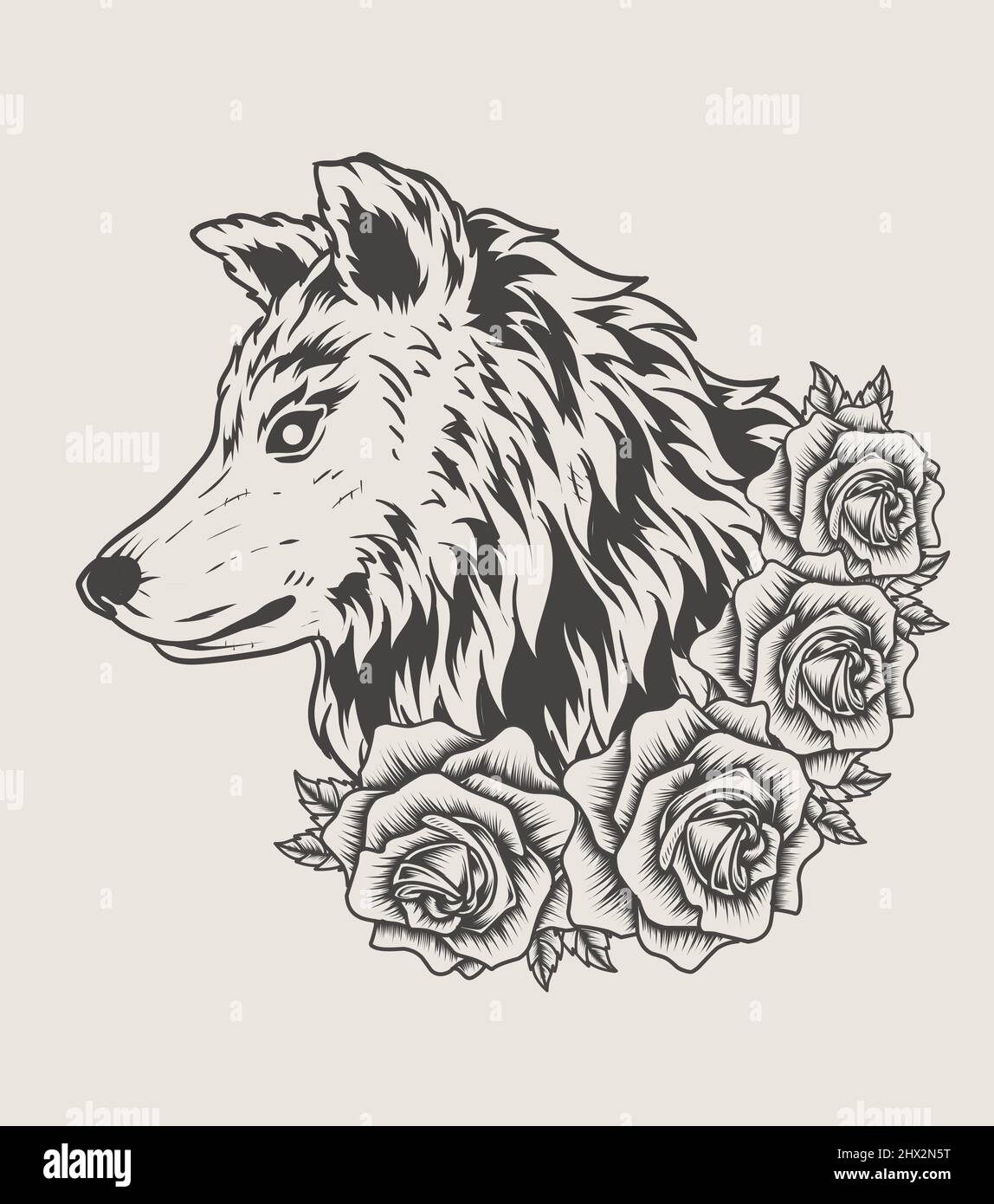 illustrazione testa lupo con fiore di rosa in stile monocromatico Immagine  e Vettoriale - Alamy