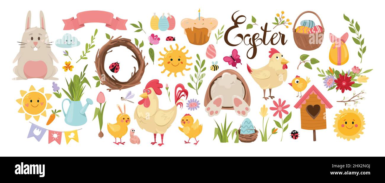 Grande collezione di Pasqua e primavera. Set isolato di fiori decorativi e animali.ideale per poster, carte, adesivi. Illustrazione Vettoriale