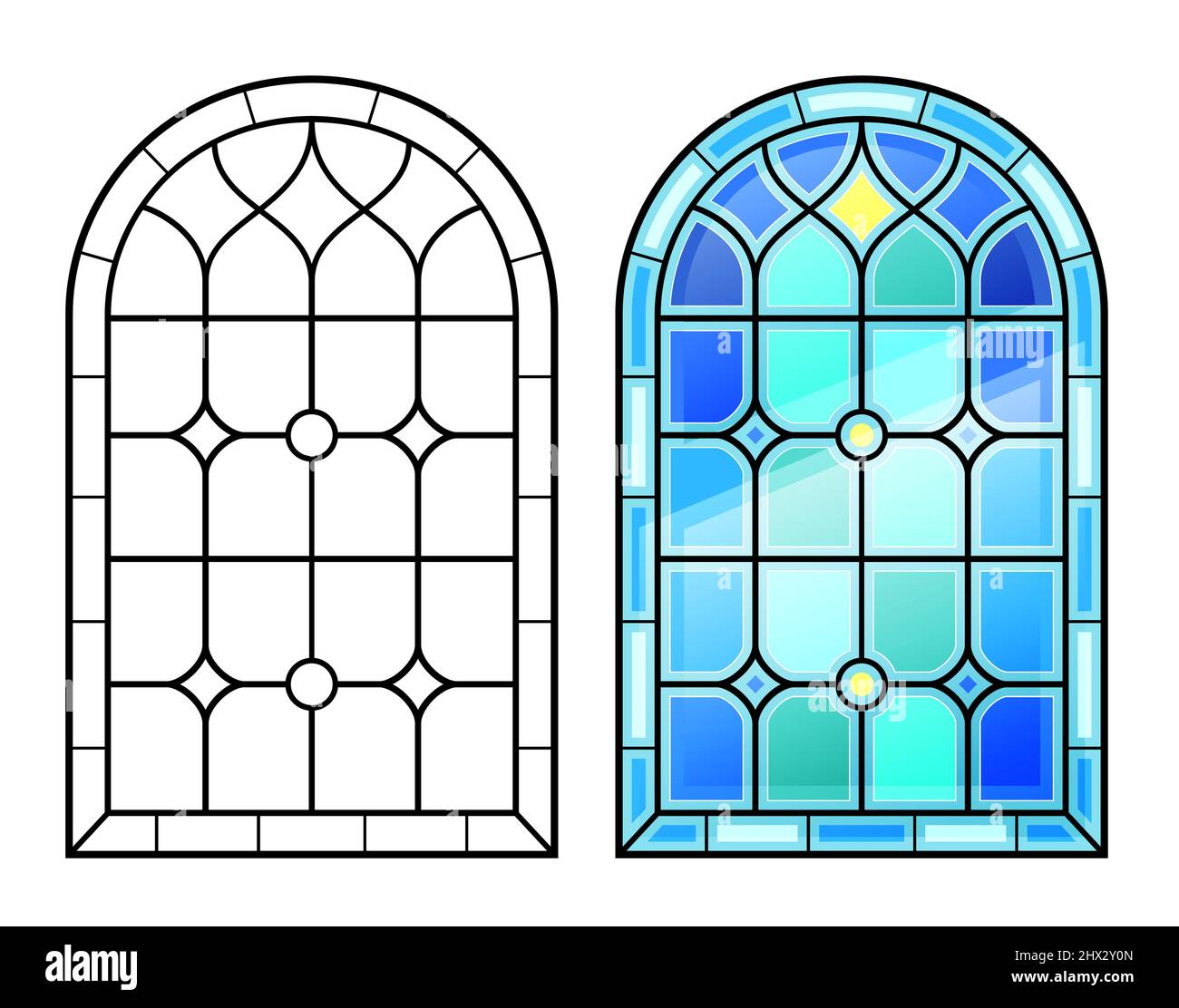 Vecchia finestra ad arco con vetrate colorate Illustrazione Vettoriale