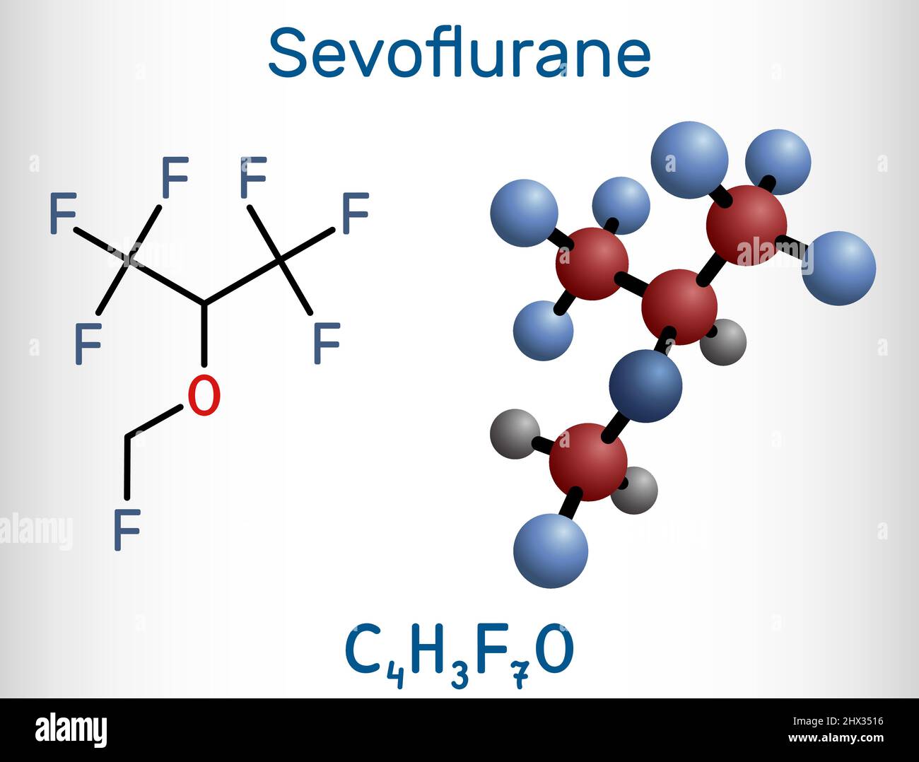 Sevoflurano, molecola di fluorometile. È un anestetico per inalazione, utilizzato per l'anestesia generale. Formula chimica strutturale e modello molecolare. VEC Illustrazione Vettoriale