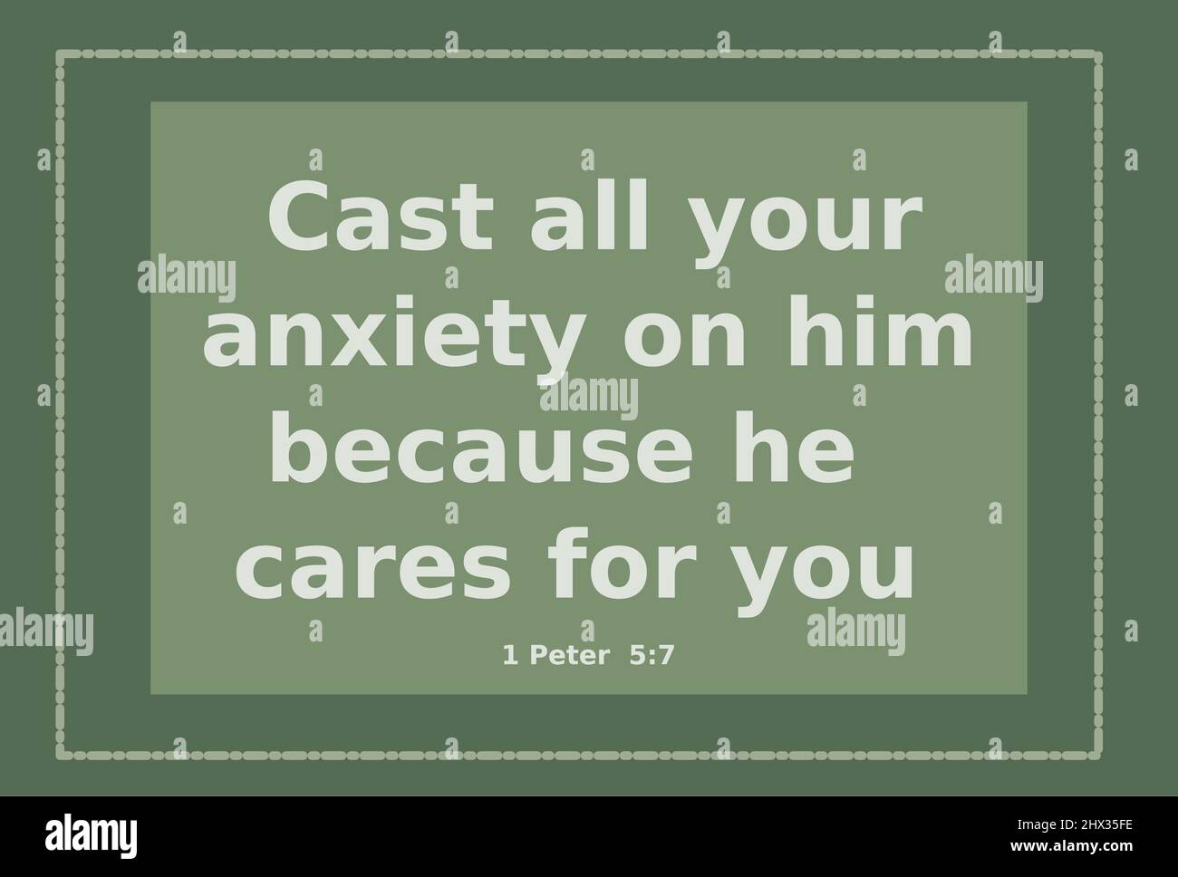Vettore: Testo della Bibbia: Getta tutta la tua ansia su di lui perché si prende cura di te 1 pietro 5: 7, fatto con un fondo verde Illustrazione Vettoriale